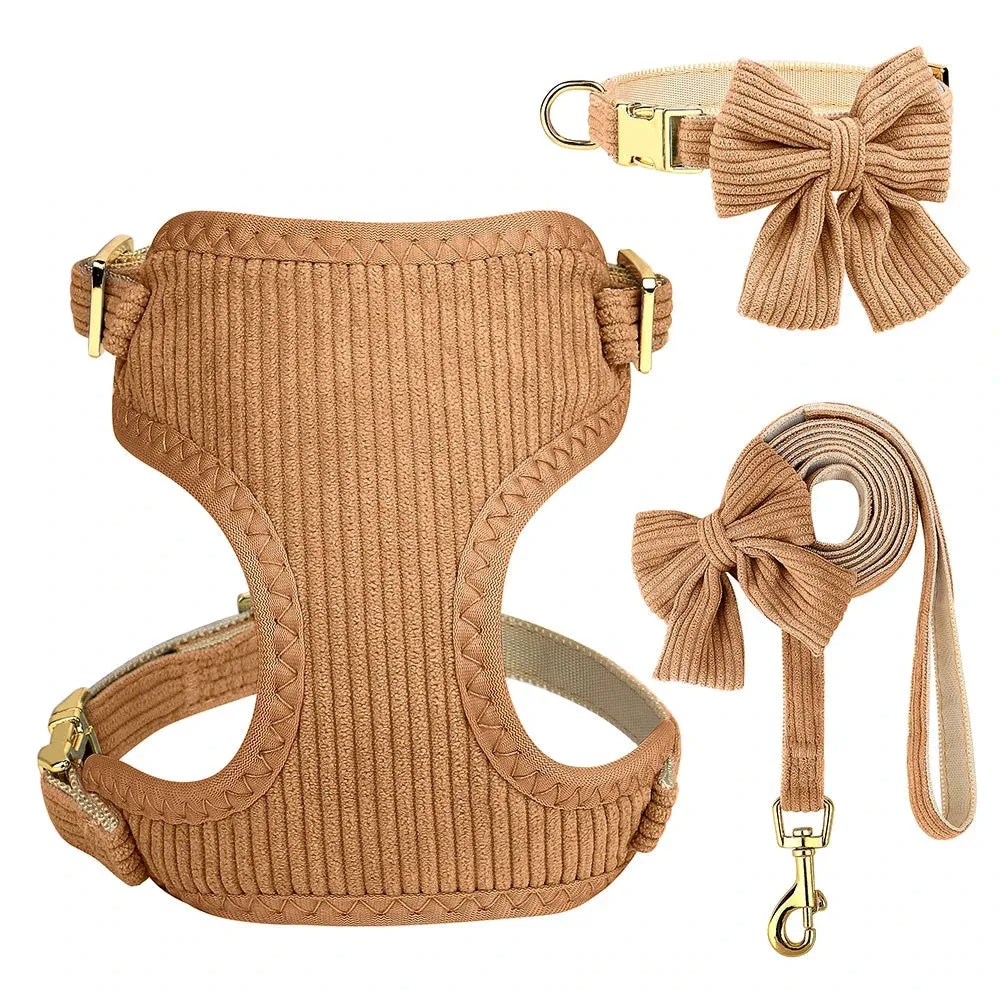 Adjustable Bowknot Dog Collar and Harness Set with Matching Leash