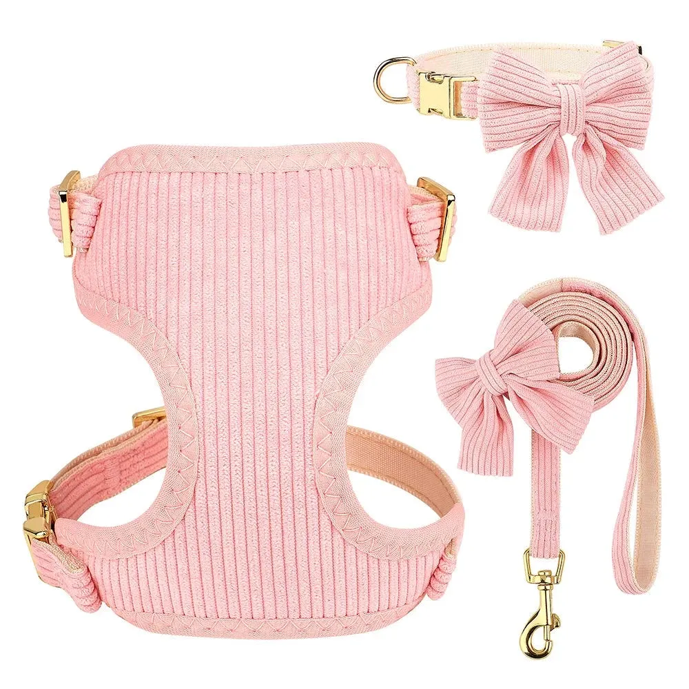 Adjustable Bowknot Dog Collar and Harness Set with Matching Leash