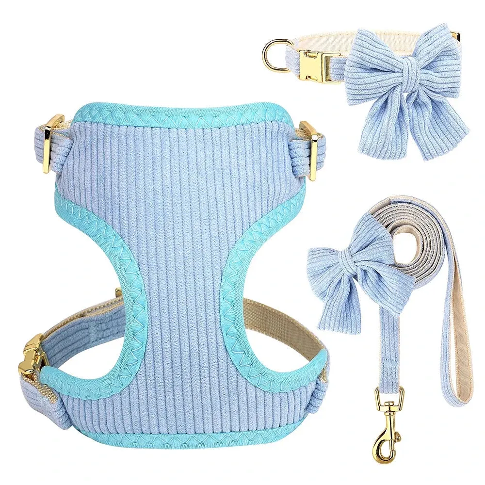 Adjustable Bowknot Dog Collar and Harness Set with Matching Leash