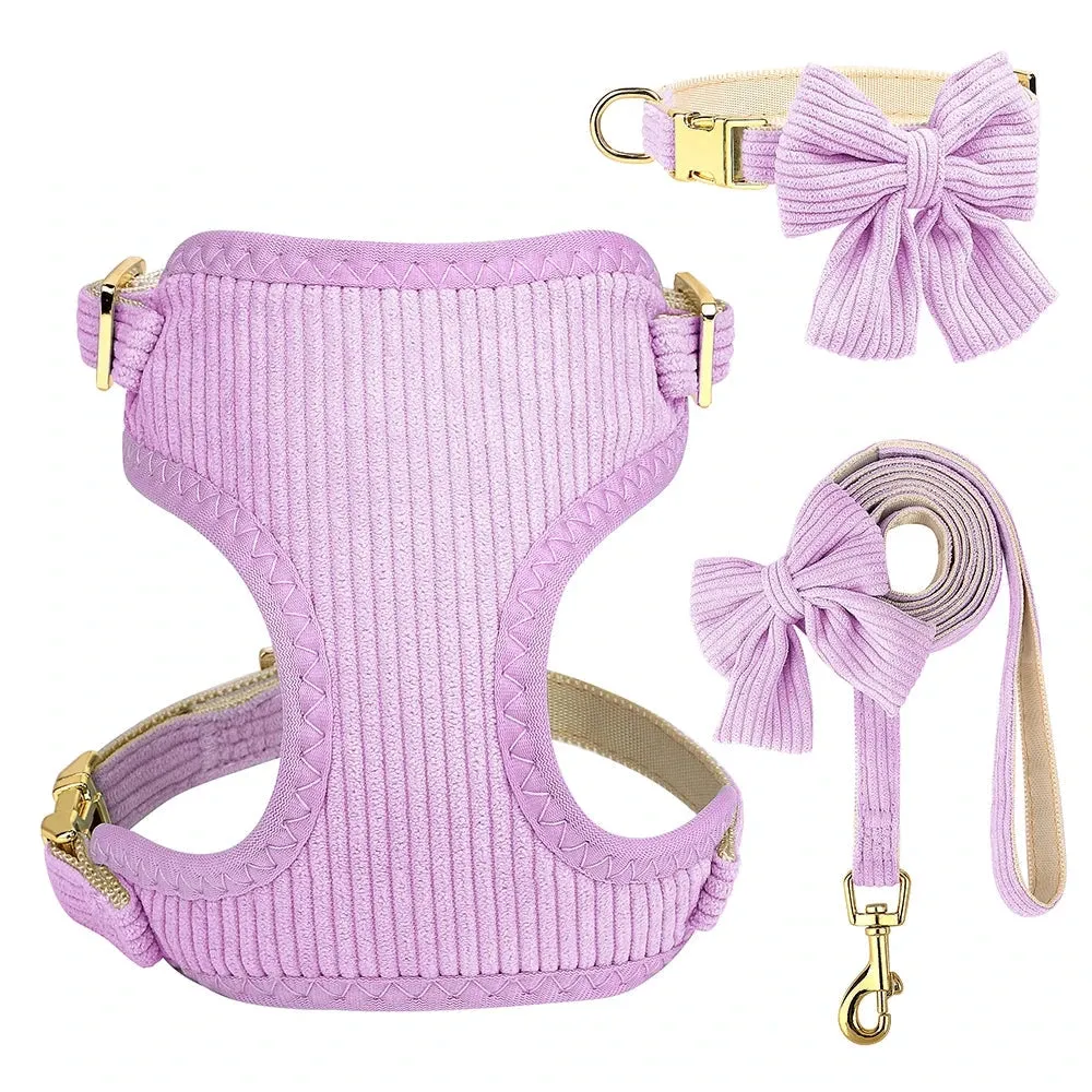 Adjustable Bowknot Dog Collar and Harness Set with Matching Leash
