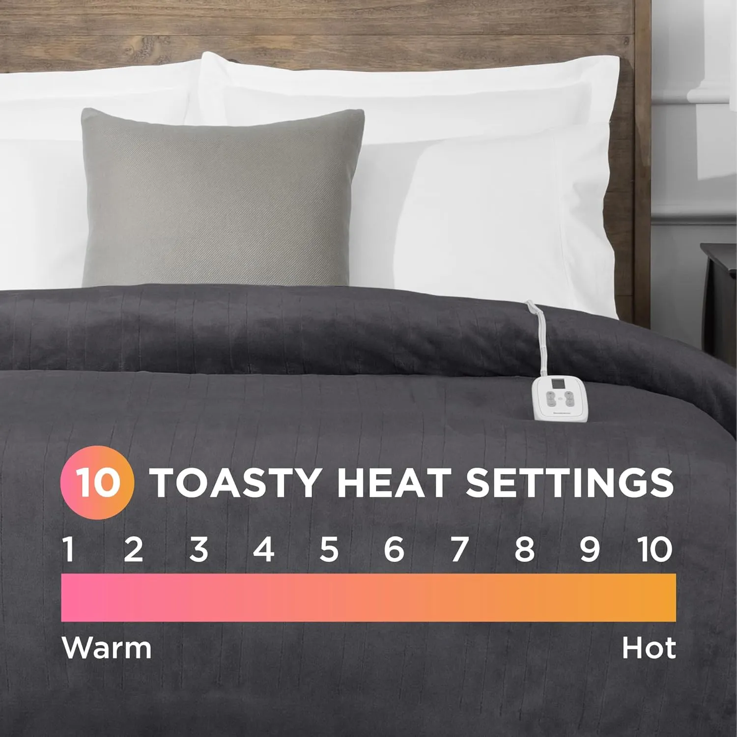 Brookstone Electric Heated Plush Blanket w/ 10 Heat Settings - Adjustable Timer, 12-Hour Auto Shut Off - Machine Washable & Dryer Safe - Polyester Velvet Blanket, Twin Size 62in x 84in - Gray