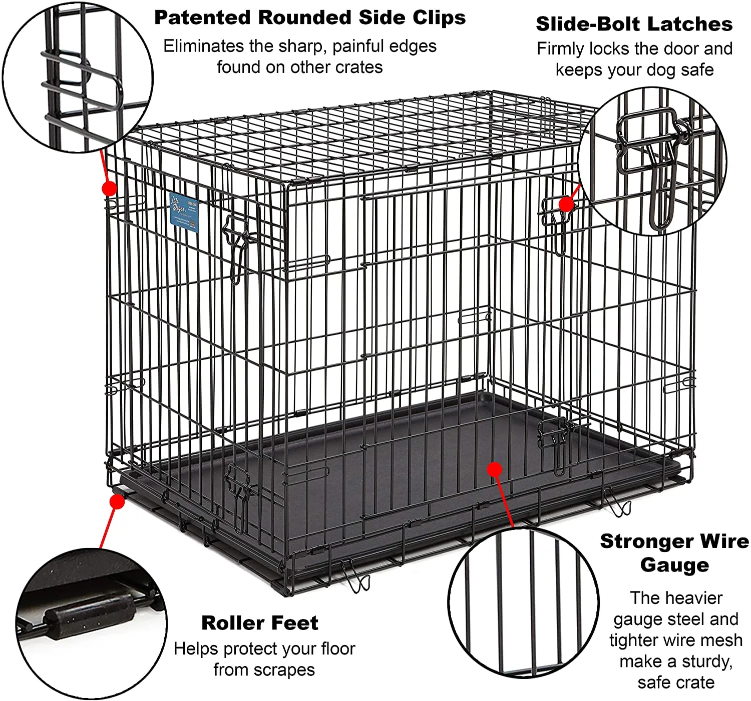 Double Door Folding Metal Dog Crate - Life Stages - Divider Panel, Floor Protecting Feet, Leak-Proof Dog Tray