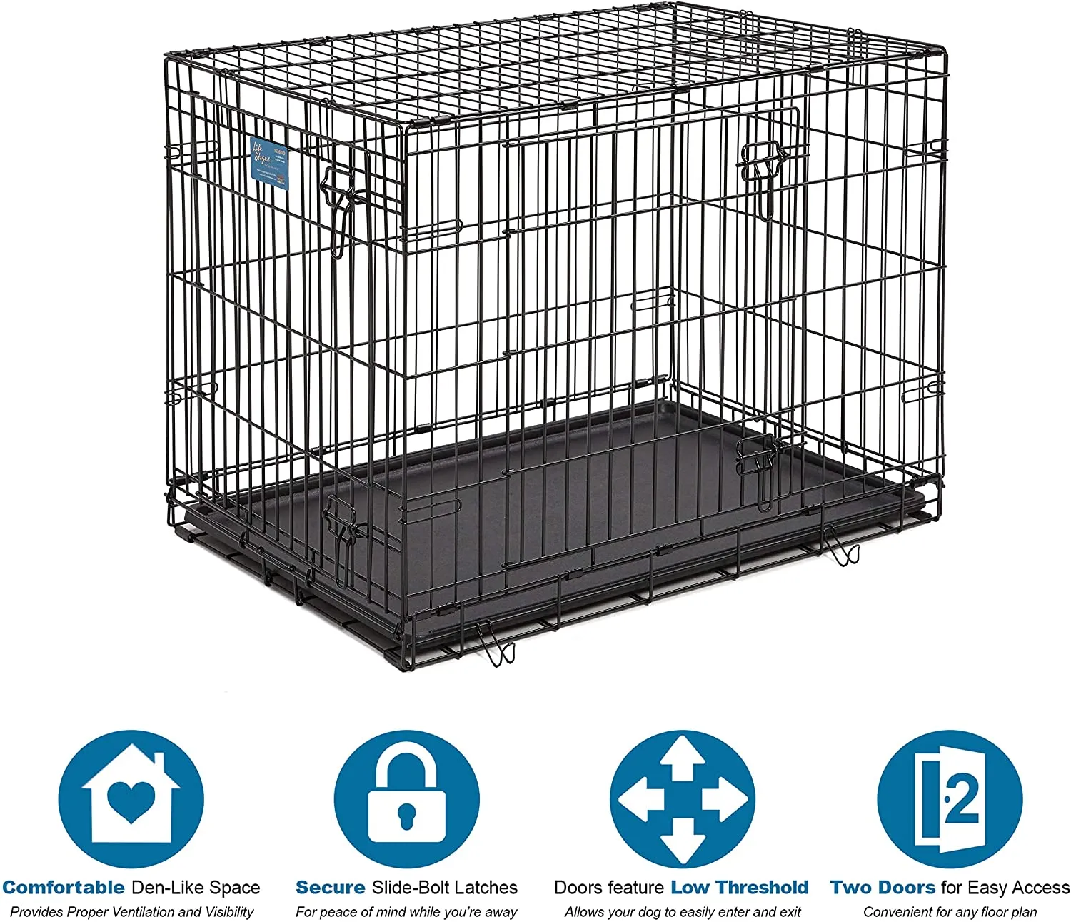 Double Door Folding Metal Dog Crate - Life Stages - Divider Panel, Floor Protecting Feet, Leak-Proof Dog Tray