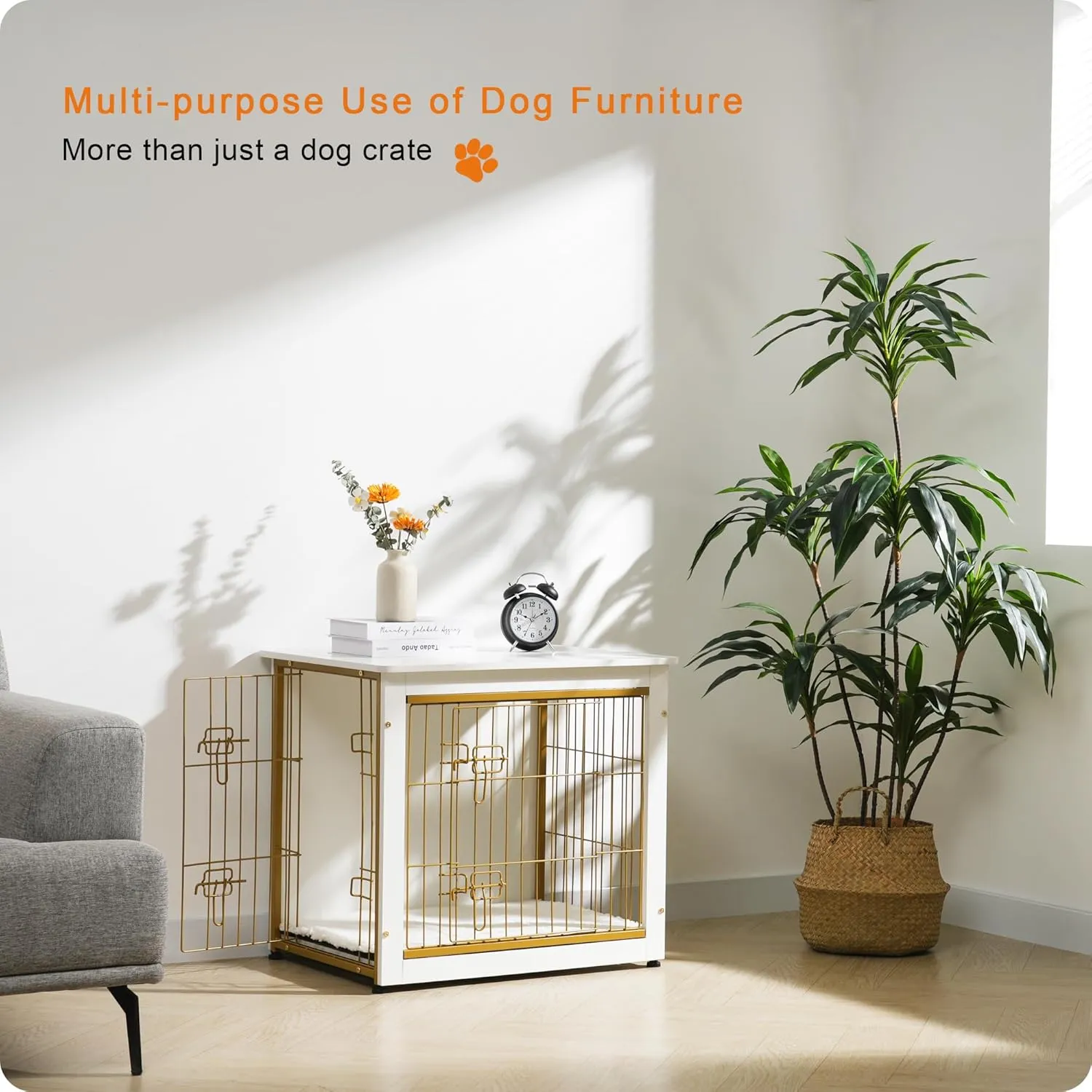 DWANTON Dog Crate Furniture with Cushion, Wooden Kennel Table with Double Doors, Indoor Dog House, Small/Medium/Large Size, 27.2" L, White