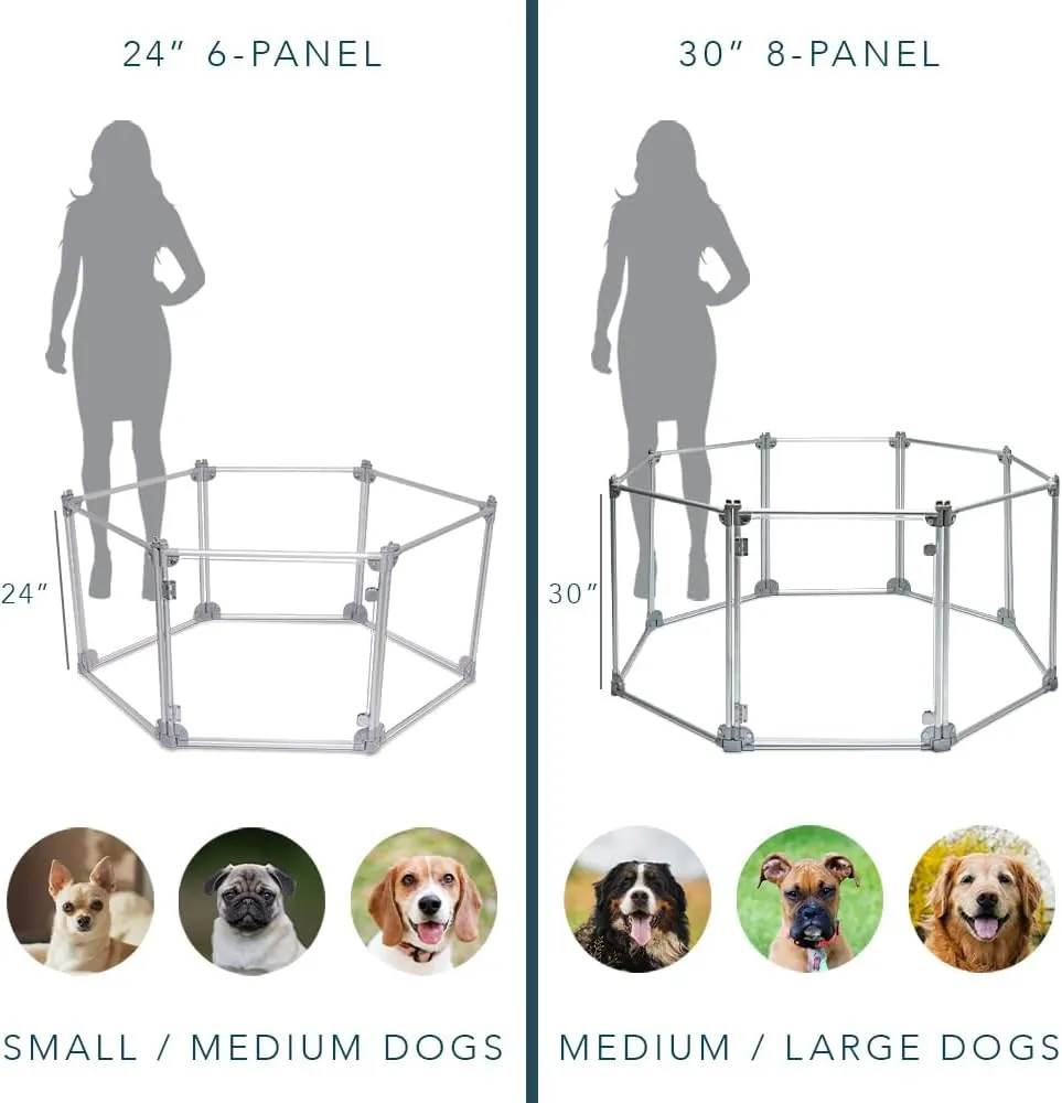 Front Row Foldable Dog Playpen  Durable and Portable Puppy Playpen for Exercise, Rest & Play  Clear Fence Panels with Aluminum Rods and Crate for Dogs and Other Small Pets (Silver, 6-Panel)