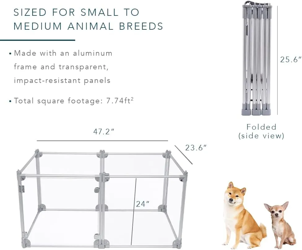 Front Row Foldable Dog Playpen  Durable and Portable Puppy Playpen for Exercise, Rest & Play  Clear Fence Panels with Aluminum Rods and Crate for Dogs and Other Small Pets (Silver, 6-Panel)