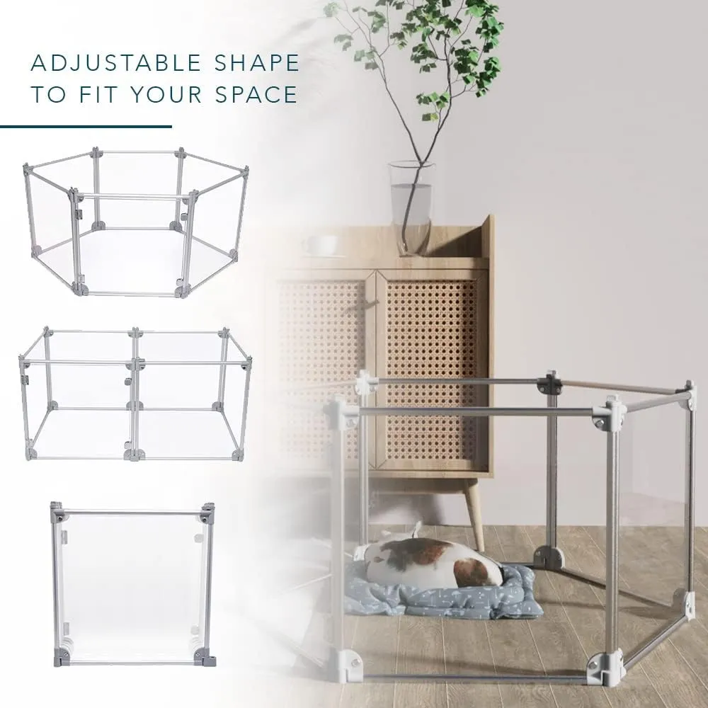 Front Row Foldable Dog Playpen  Durable and Portable Puppy Playpen for Exercise, Rest & Play  Clear Fence Panels with Aluminum Rods and Crate for Dogs and Other Small Pets (Silver, 6-Panel)