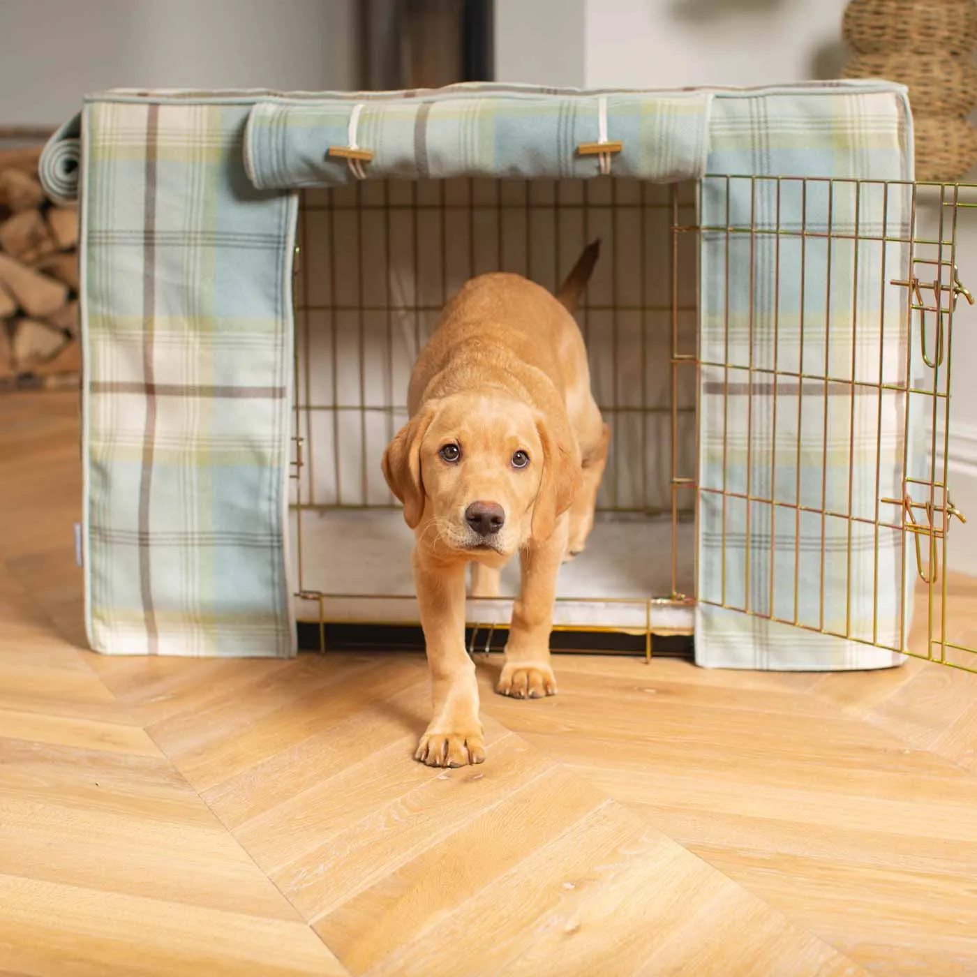Gold Dog Crate with Crate Cover in Balmoral Duck Egg Tweed by Lords & Labradors