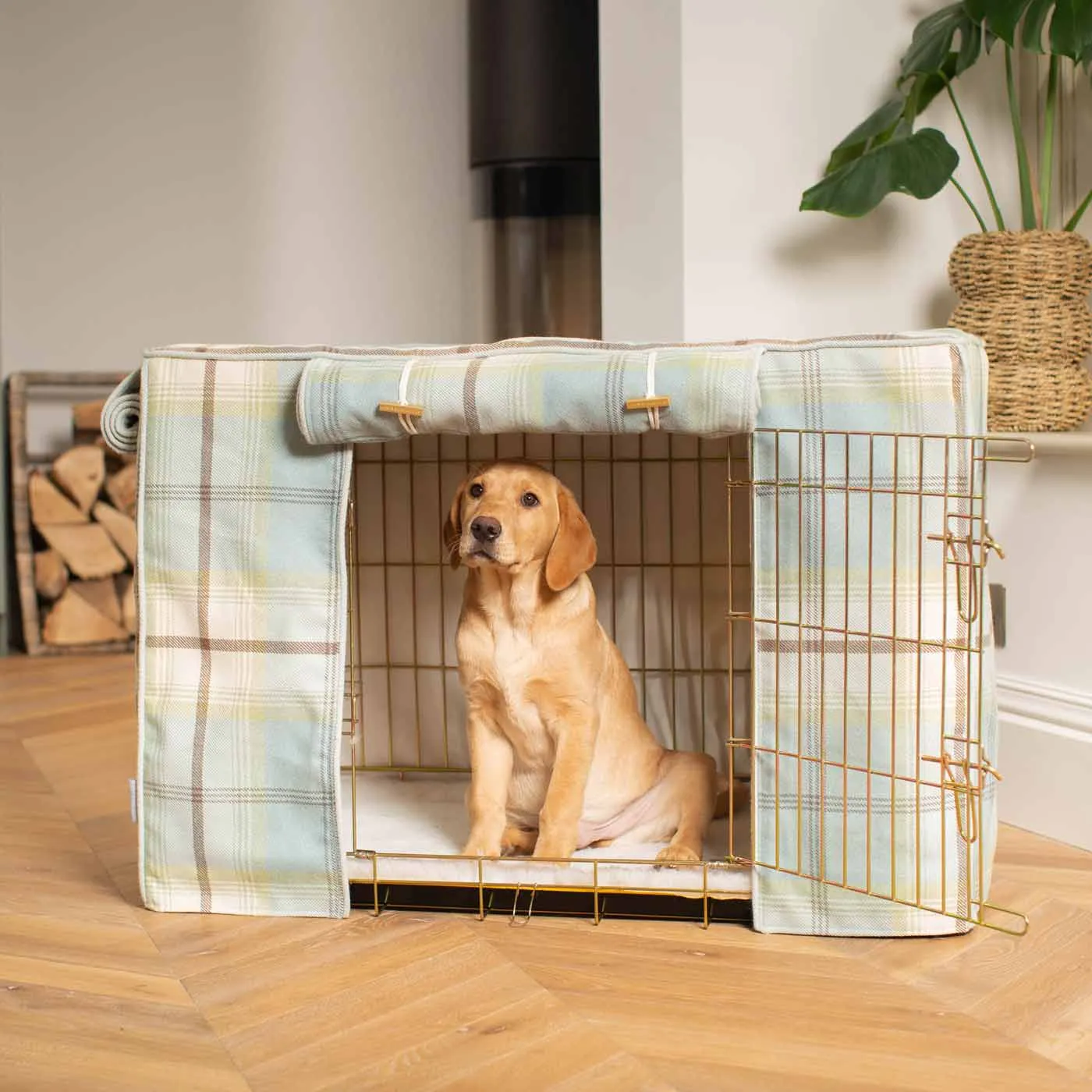 Gold Dog Crate with Crate Cover in Balmoral Duck Egg Tweed by Lords & Labradors
