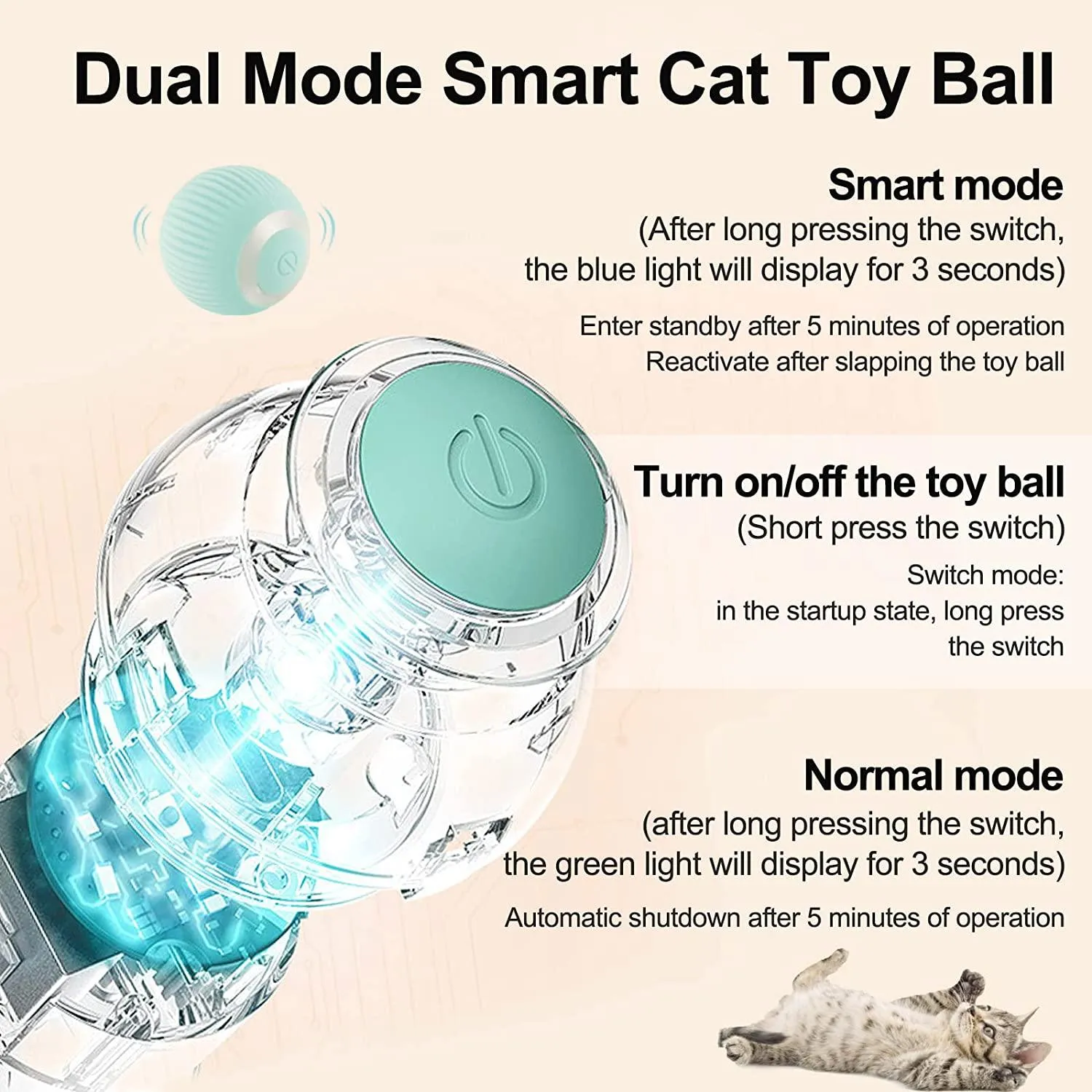 Havenfly Interactive Cat Ball Toy, Intelligent Indoor Automatic Moving Ball Puzzle Dispel Boredom USB Charging Pet Toy with Light, Fun Present for Kitten