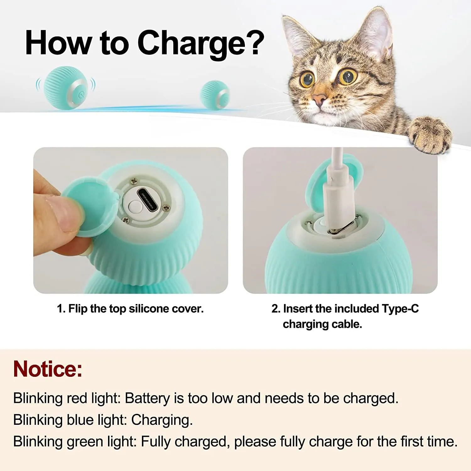 Havenfly Interactive Cat Ball Toy, Intelligent Indoor Automatic Moving Ball Puzzle Dispel Boredom USB Charging Pet Toy with Light, Fun Present for Kitten