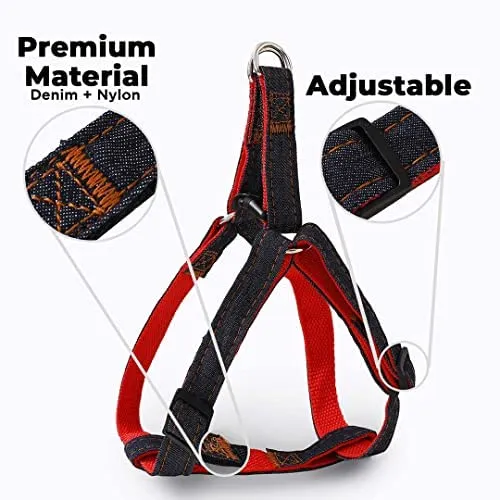 Heart Home Dog Collar Belt & Harness With Adjustable Leash|Premium Demin Fabric|Metal Hooks|PDMGL-013-08|Comfortable Grip|Double Stitched Belt With Soft Padding |Blue