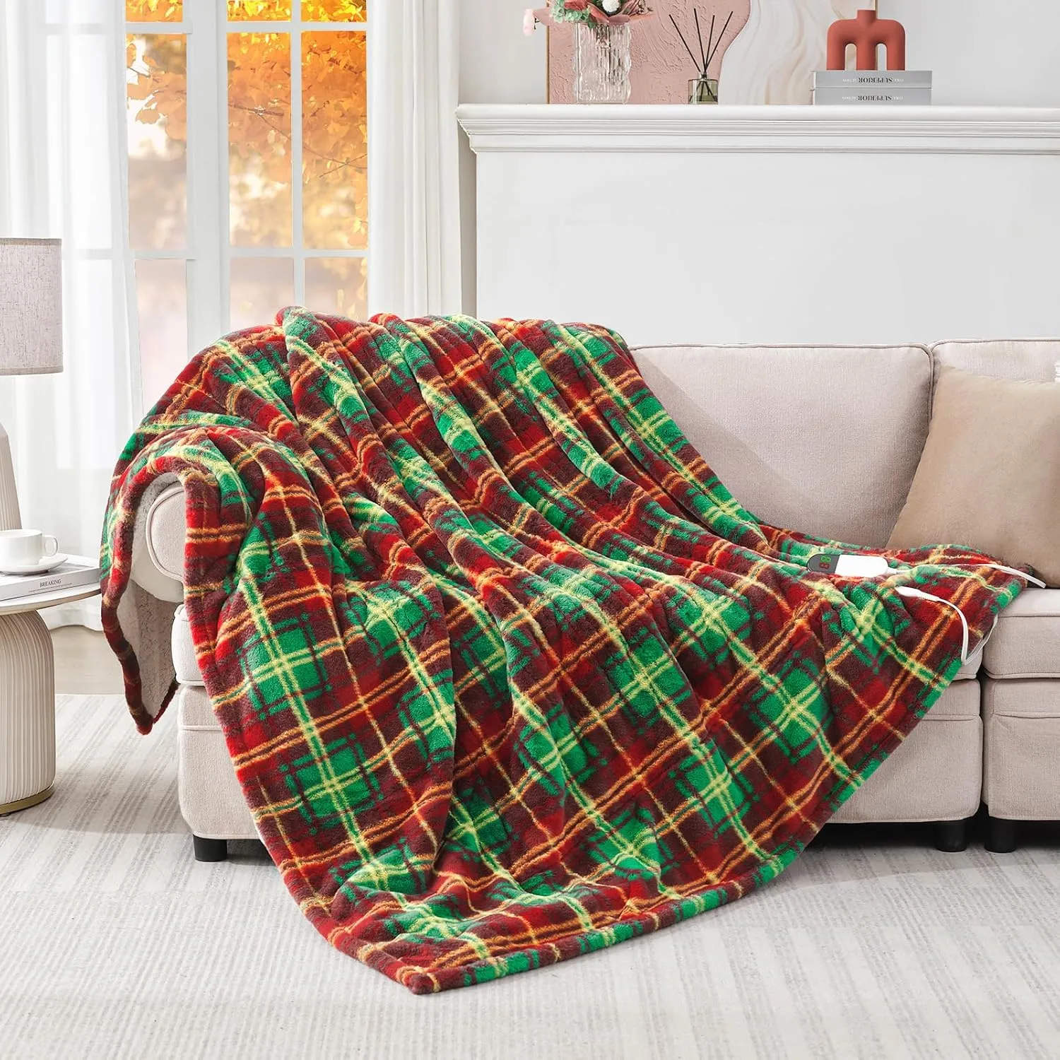 MAXEVE Faux Fur Electric Heated Blanket for Couch,Sofa, Sherpa Heating Blanket with 8 Heating Levels & 8 Hours Auto Off, Over-Heat Protection,ETL Certified,Christmas Buffalo Plaid Heated Blanket