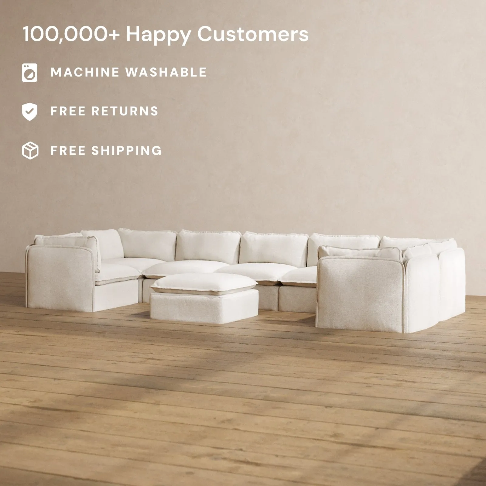Modular Washable 7-Seater U-Sectional   Ottoman in Powder | Deluxe  Seat | Cloud Pillow