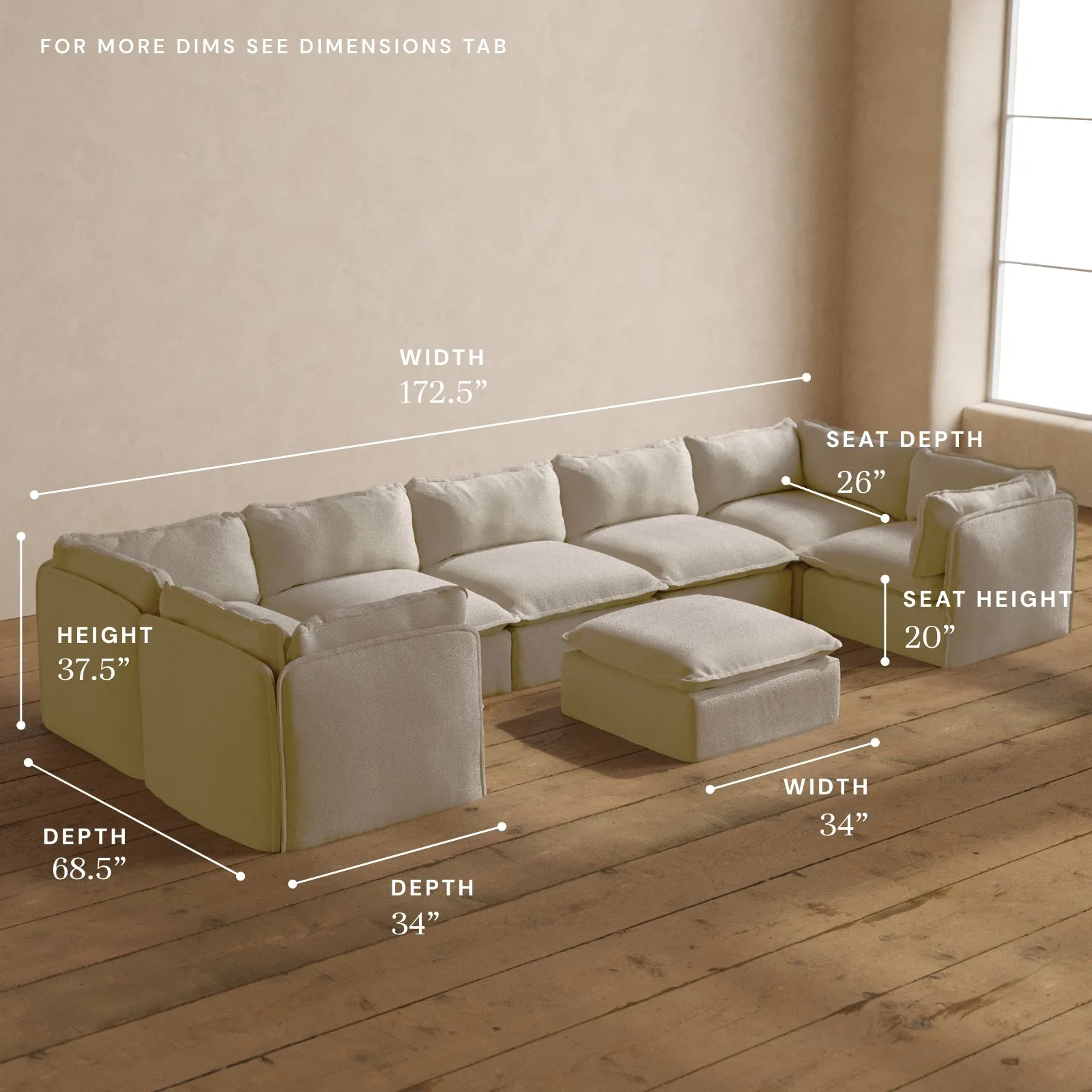Modular Washable 7-Seater U-Sectional   Ottoman in Powder | Deluxe  Seat | Cloud Pillow