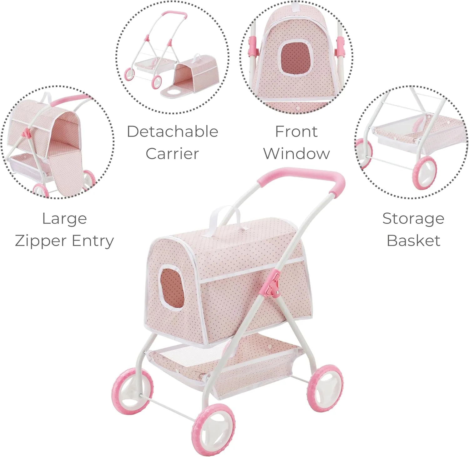 Olivia's Little World Polka Dots Princess Doll Animal Stroller with Detachable Toy Pet Carrier - Pet Doll Pram for 3 yrs and Up - Pink/Gray