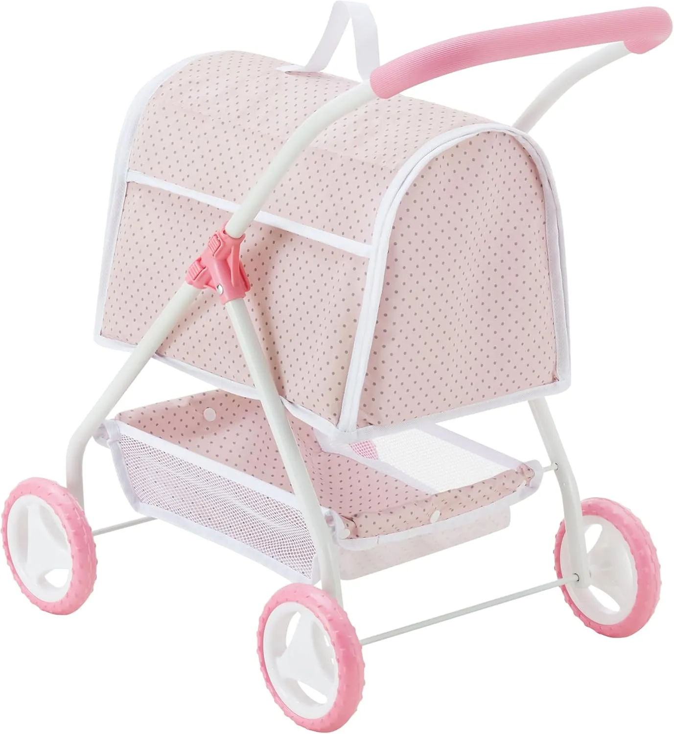 Olivia's Little World Polka Dots Princess Doll Animal Stroller with Detachable Toy Pet Carrier - Pet Doll Pram for 3 yrs and Up - Pink/Gray