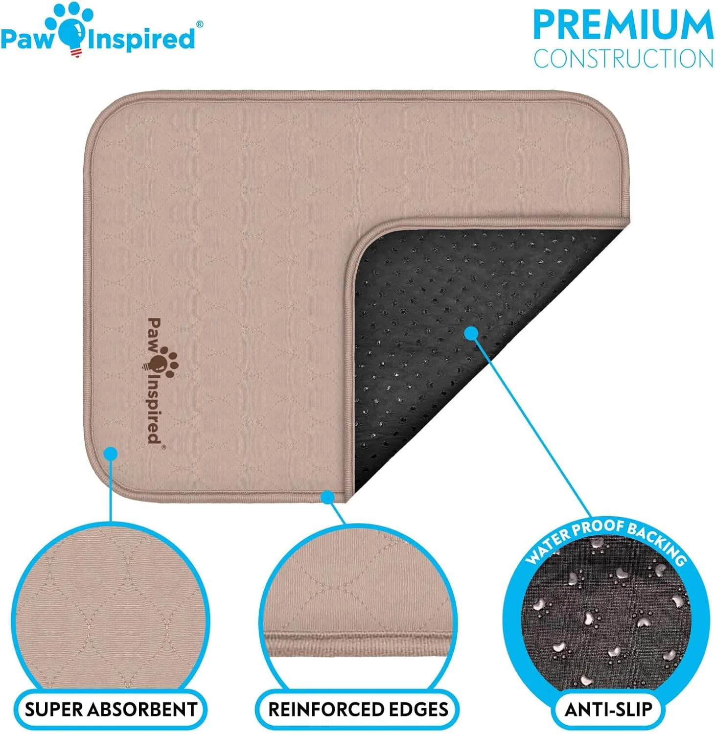 Paw Inspired Washable Crate Liners for Dogs (2 Pack) | Leakproof, Non-Slip Pee Pads for 24-Inch Kennels | Reusable Puppy Pads for Potty Training, Whelping, Waterproof Mat (24"x18" Size, Pack of 2)