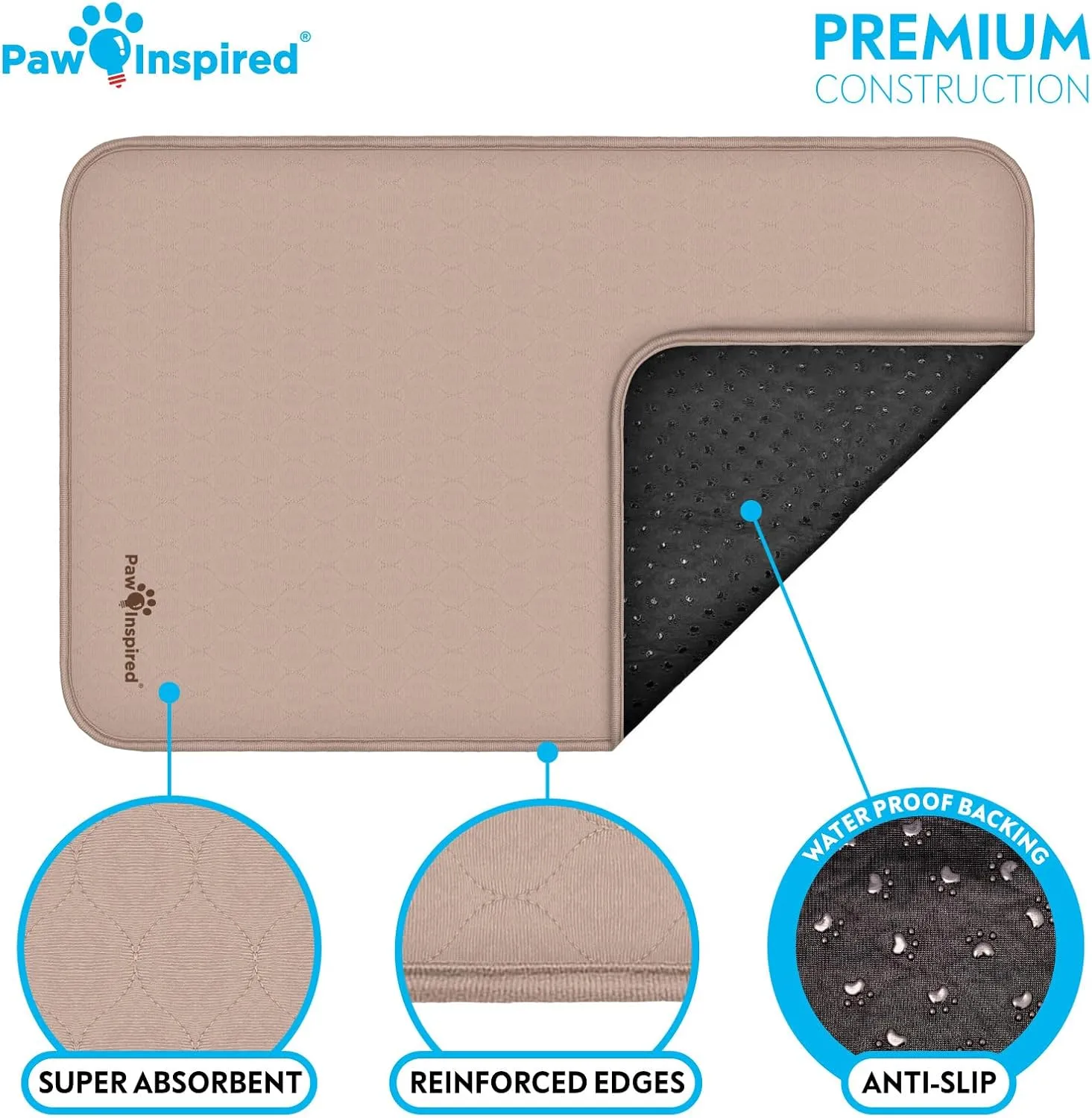 Paw Inspired Washable Crate Liners for Dogs (2 Pack) | Leakproof, Non-Slip Pee Pads for 48-Inch Kennels | Reusable Puppy Pads for Potty Training, Whelping, Waterproof Mat (47"x29" Size, Pack of 2)