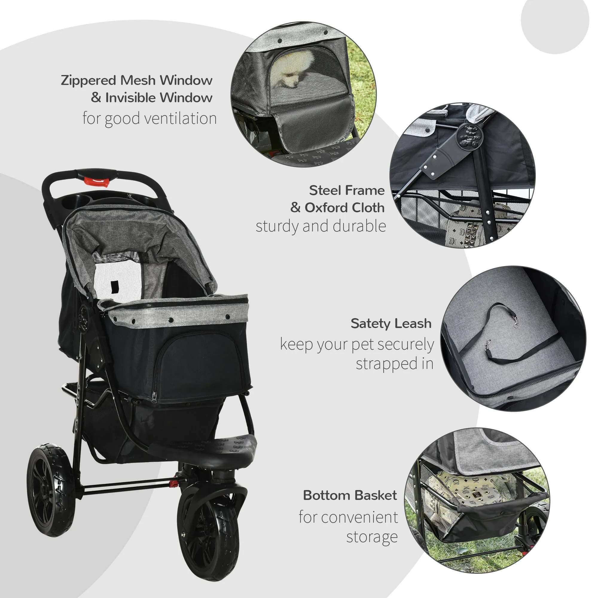 PawHut Folding 3 Wheel Pet Stroller Travel Adjustable Canopy Storage Brake Grey