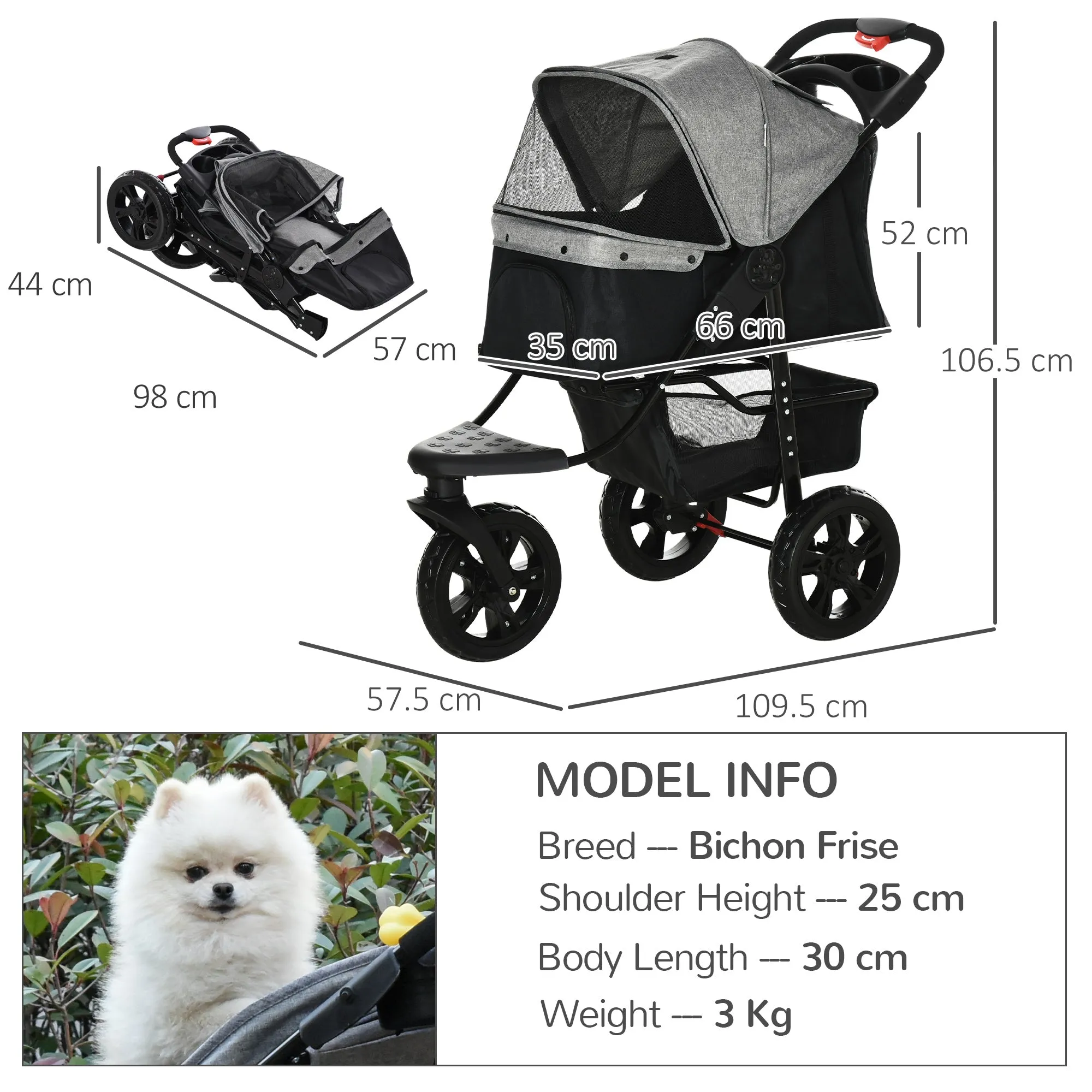 PawHut Folding 3 Wheel Pet Stroller Travel Adjustable Canopy Storage Brake Grey