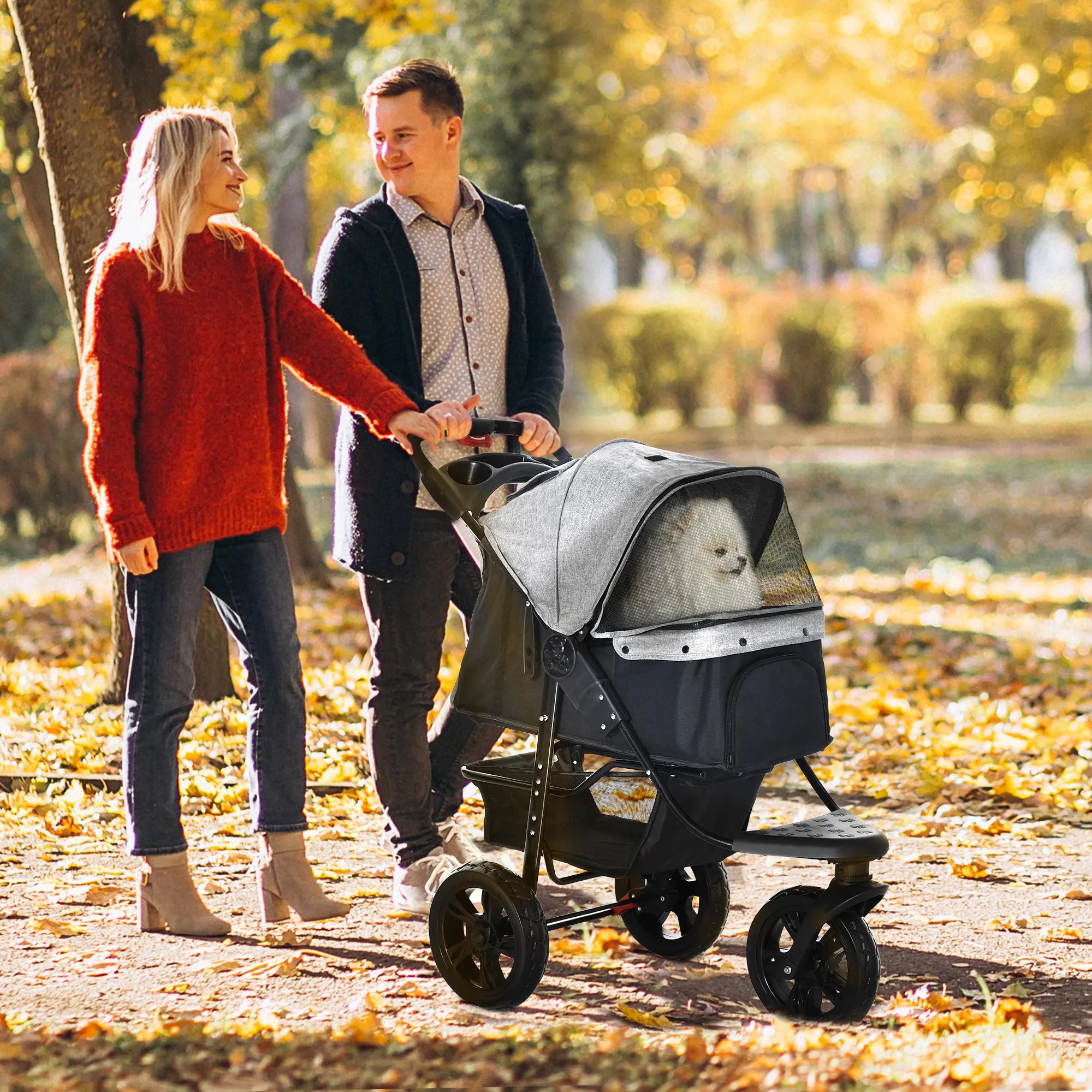 PawHut Folding 3 Wheel Pet Stroller Travel Adjustable Canopy Storage Brake Grey