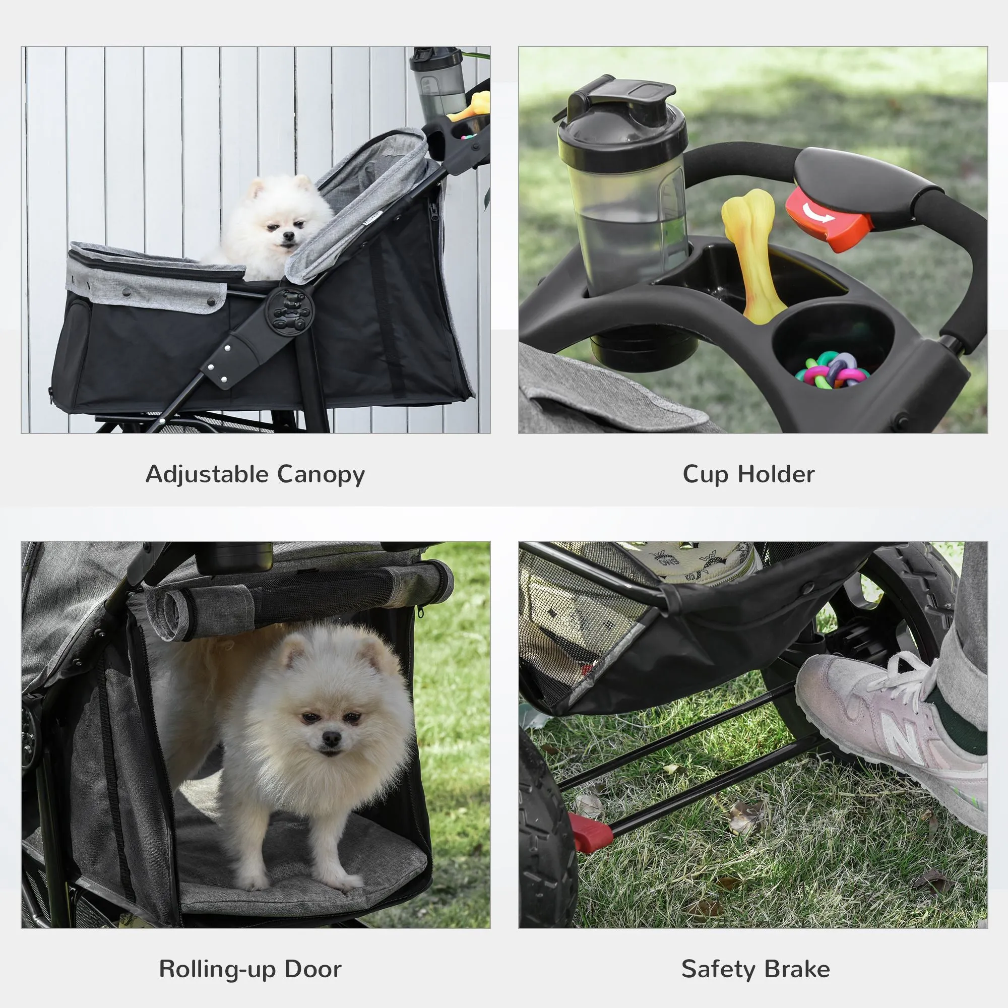 PawHut Folding 3 Wheel Pet Stroller Travel Adjustable Canopy Storage Brake Grey