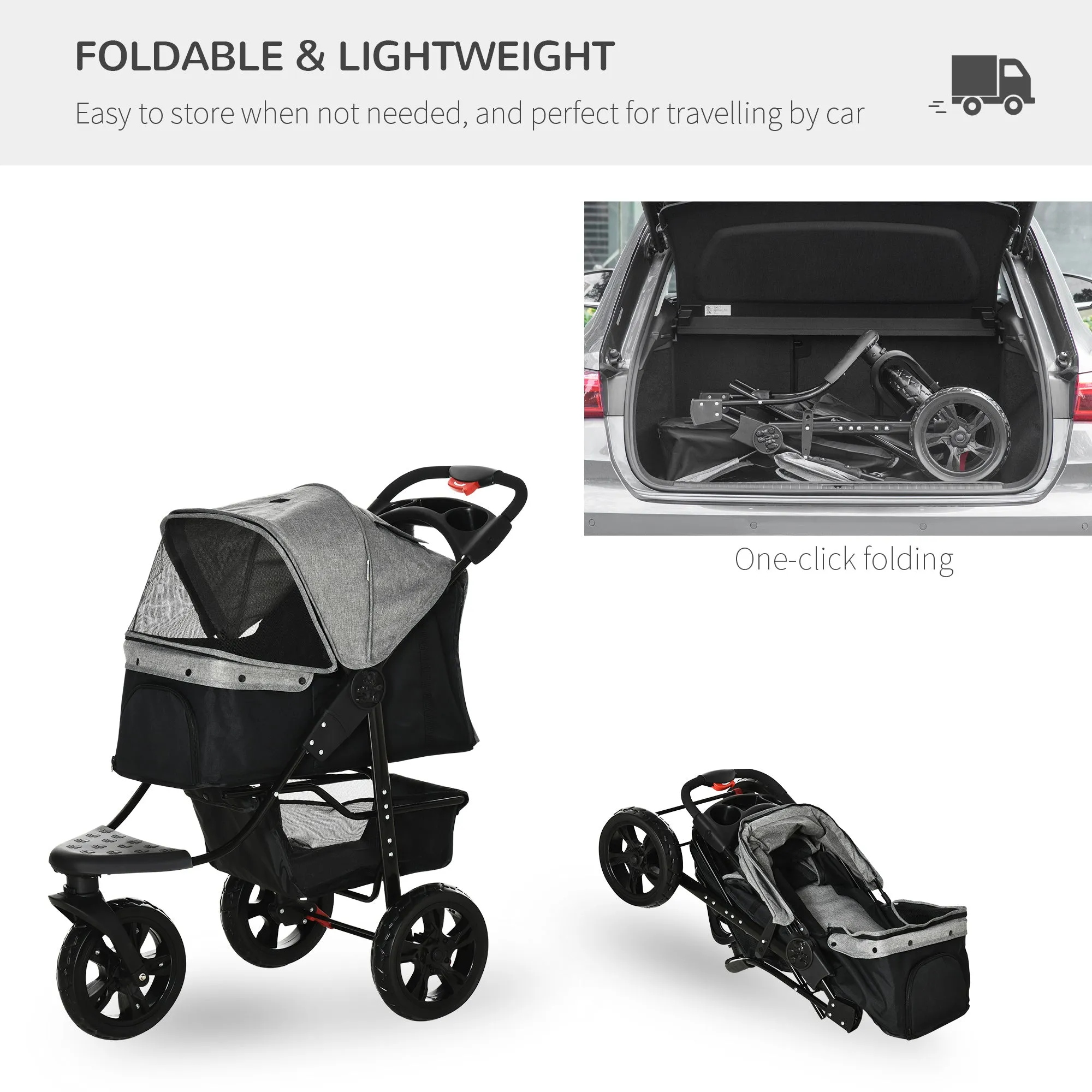 PawHut Folding 3 Wheel Pet Stroller Travel Adjustable Canopy Storage Brake Grey
