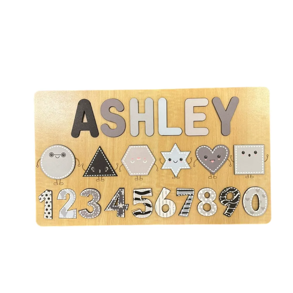 Personalised Wooden Name Puzzle- Shapes & Numbers - Monochrome