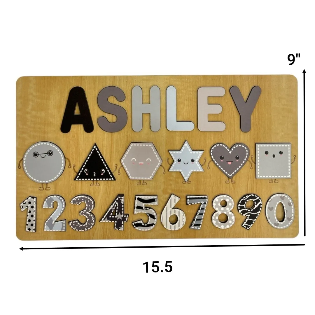 Personalised Wooden Name Puzzle- Shapes & Numbers - Monochrome