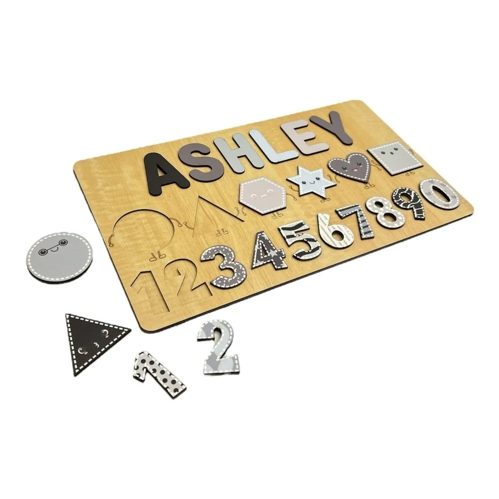Personalised Wooden Name Puzzle- Shapes & Numbers - Monochrome