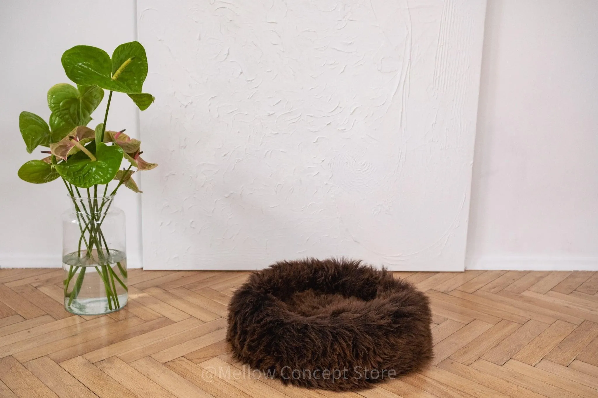 Round Natural Sheepskin Pet Bed - Brown