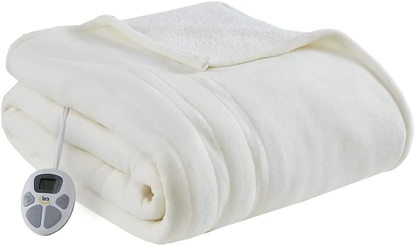 Serta Reversible Fleece to Sherpa Electric Blanket, Fast Heating, Auto Shut Off Timer, Multi Heat Setting, ETL Certified, Machine Washable, Ivory Twin 84"x 62"