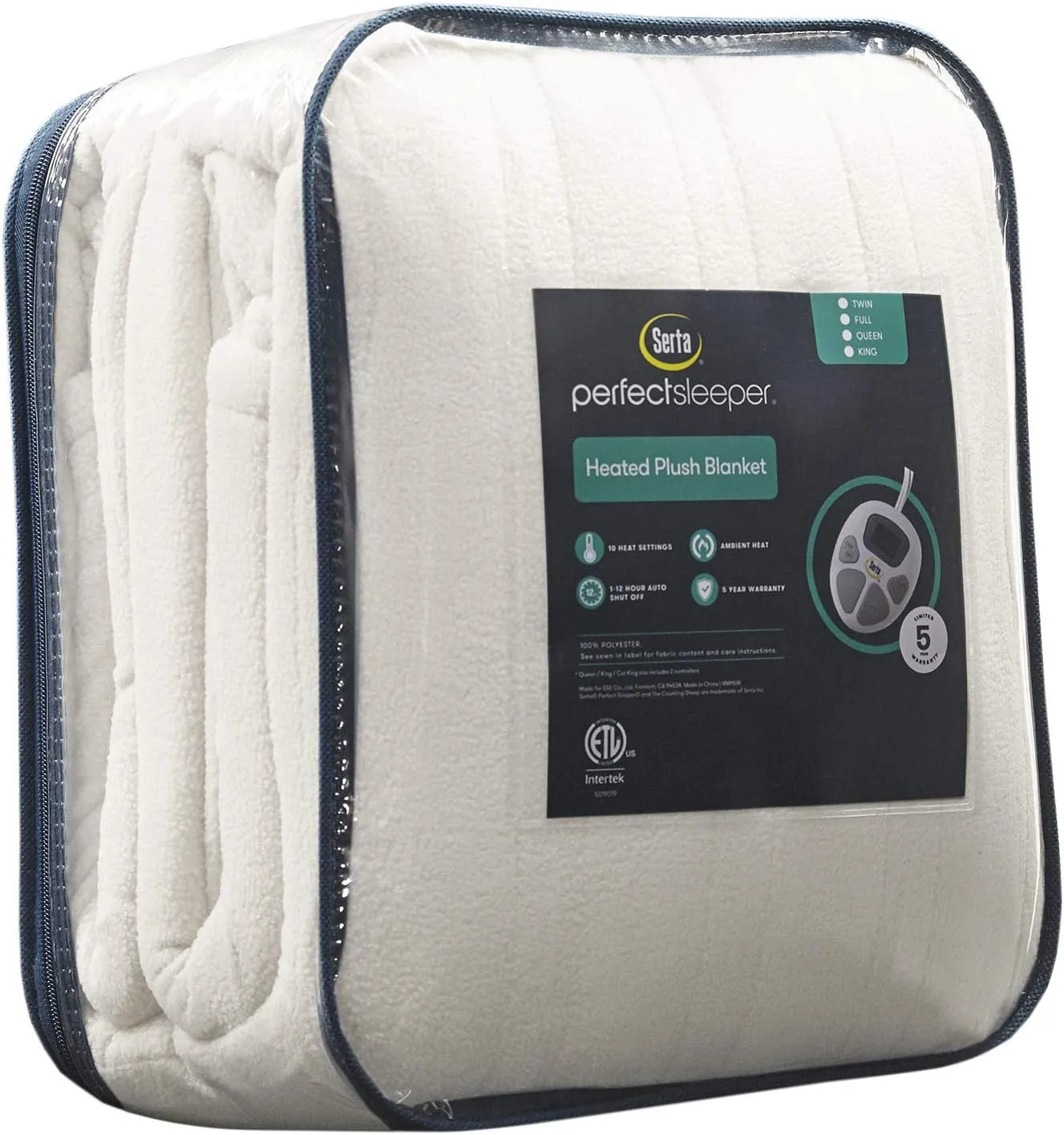 Serta Reversible Fleece to Sherpa Electric Blanket, Fast Heating, Auto Shut Off Timer, Multi Heat Setting, ETL Certified, Machine Washable, Ivory Twin 84"x 62"