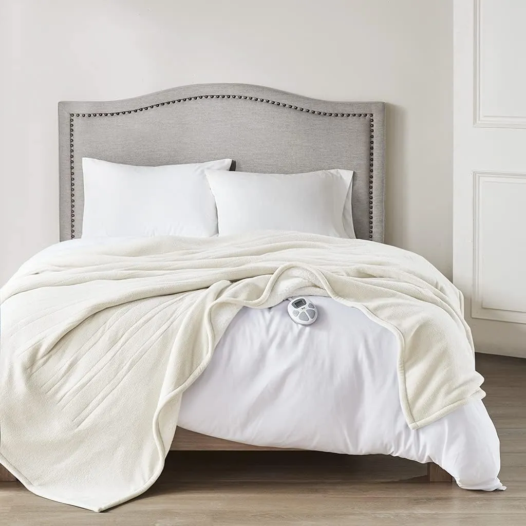 Serta Reversible Fleece to Sherpa Electric Blanket, Fast Heating, Auto Shut Off Timer, Multi Heat Setting, ETL Certified, Machine Washable, Ivory Twin 84"x 62"