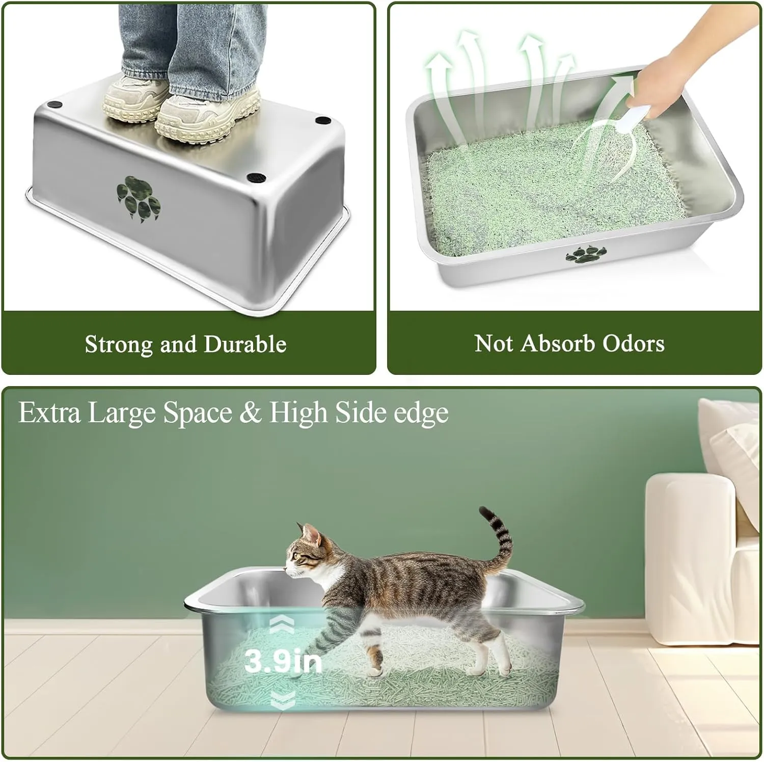 Stainless Steel Cat Litter Box, High Side Cats Toilet Metal Litter Box, Pet Cleaning Tool for Cats, Rabbits, Splash-Proof and Non-Stick Cat Poop Box odorless, Camo Paws 15.7"x11.8"x3.9"