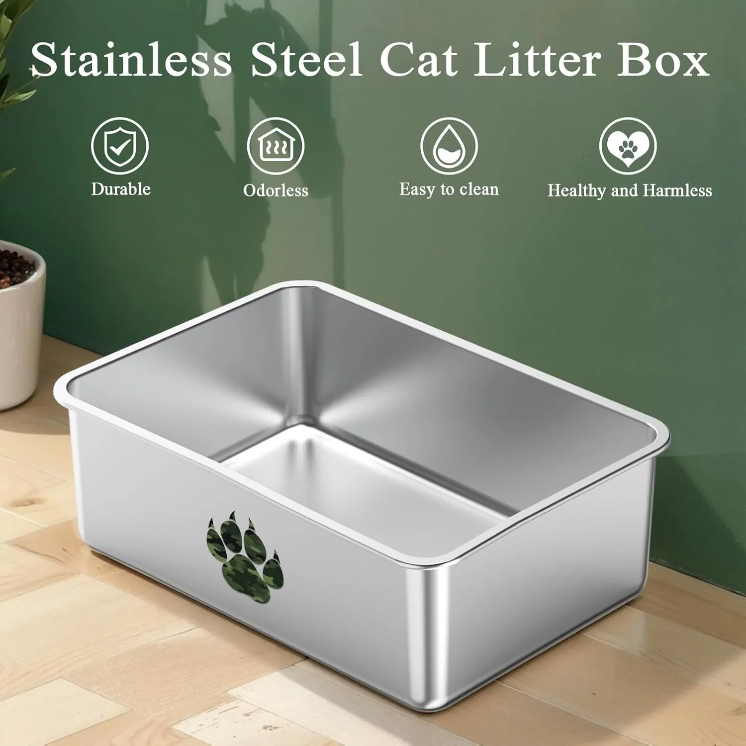 Stainless Steel Cat Litter Box, High Side Cats Toilet Metal Litter Box, Pet Cleaning Tool for Cats, Rabbits, Splash-Proof and Non-Stick Cat Poop Box odorless, Camo Paws 15.7"x11.8"x3.9"