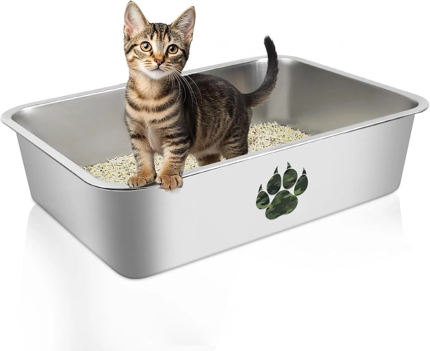 Stainless Steel Cat Litter Box, High Side Cats Toilet Metal Litter Box, Pet Cleaning Tool for Cats, Rabbits, Splash-Proof and Non-Stick Cat Poop Box odorless, Camo Paws 15.7"x11.8"x3.9"