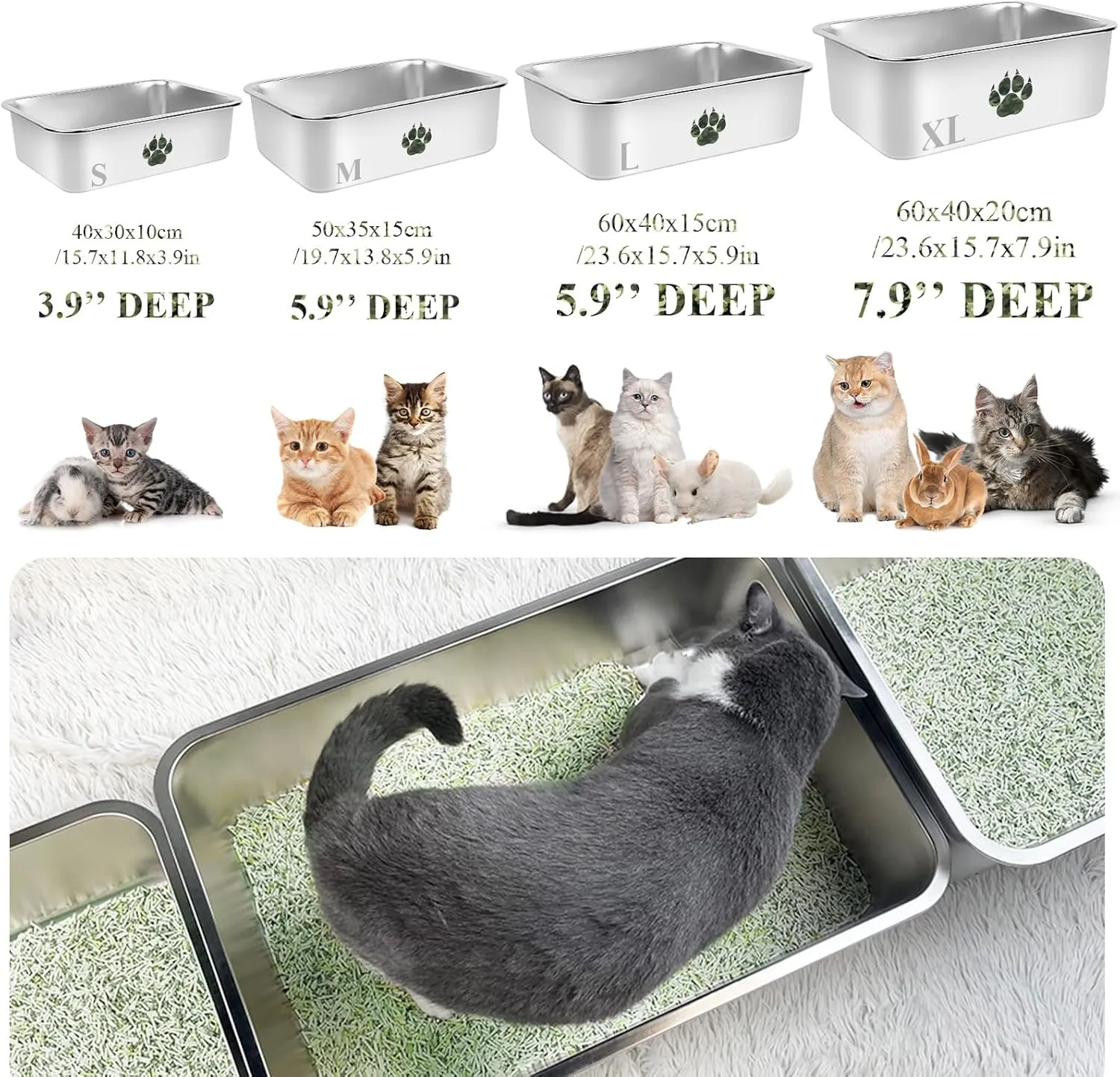 Stainless Steel Cat Litter Box, High Side Cats Toilet Metal Litter Box, Pet Cleaning Tool for Cats, Rabbits, Splash-Proof and Non-Stick Cat Poop Box odorless, Camo Paws 15.7"x11.8"x3.9"