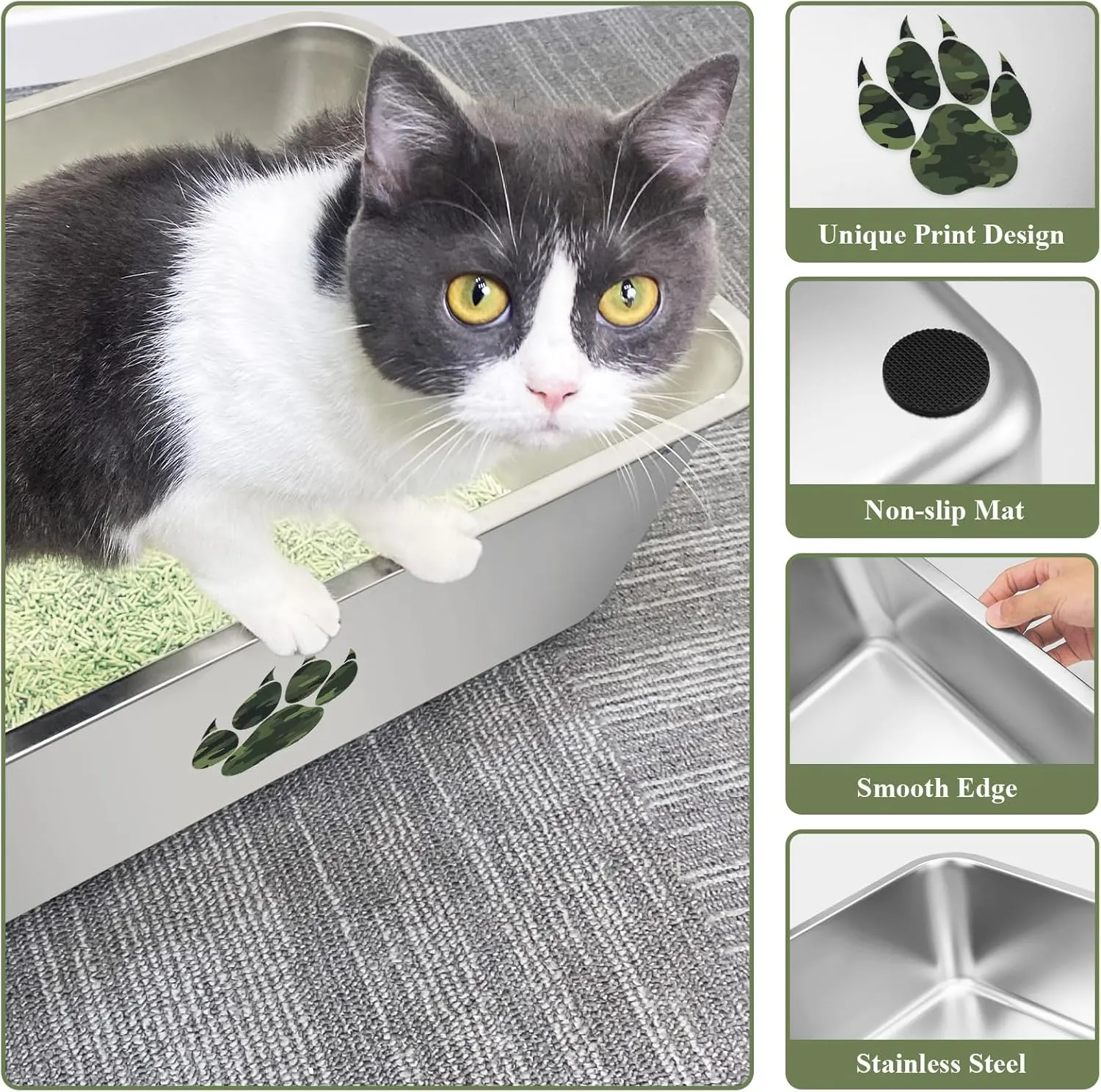 Stainless Steel Cat Litter Box, High Side Cats Toilet Metal Litter Box, Pet Cleaning Tool for Cats, Rabbits, Splash-Proof and Non-Stick Cat Poop Box odorless, Camo Paws 15.7"x11.8"x3.9"