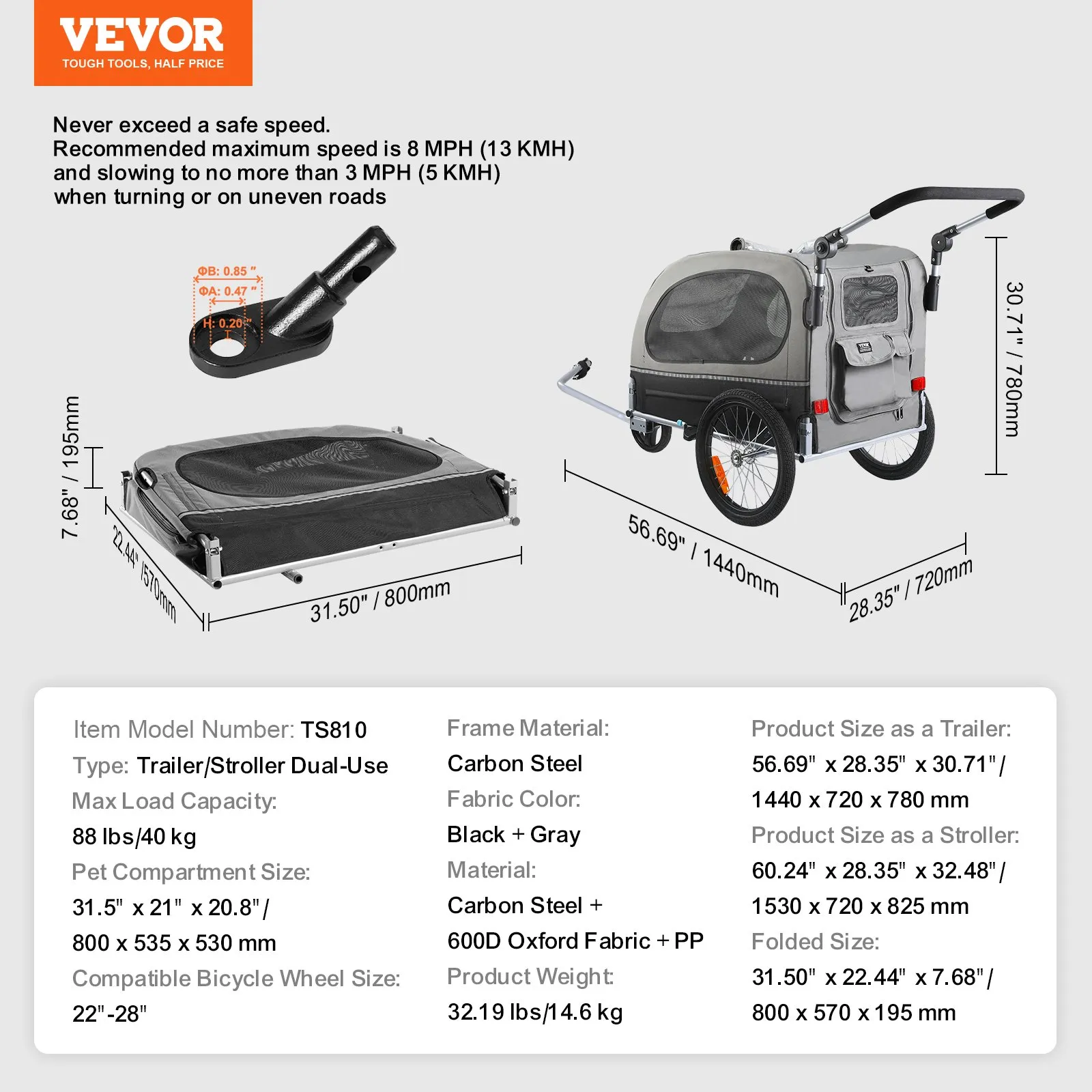 VEVOR Dog Bike Trailer, Supports up to 88 lbs, 2-in-1 Pet Stroller Cart Bicycle Carrier, Easy Folding Cart Frame with Quick Release Wheels, Universal Bicycle Coupler, Reflectors, Flag, Black/Gray
