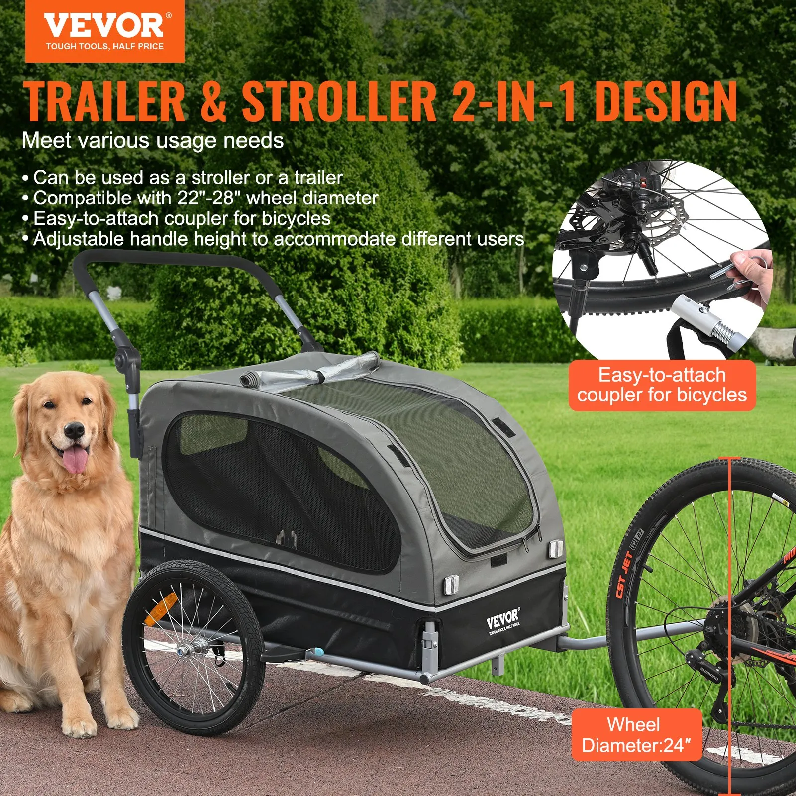 VEVOR Dog Bike Trailer, Supports up to 88 lbs, 2-in-1 Pet Stroller Cart Bicycle Carrier, Easy Folding Cart Frame with Quick Release Wheels, Universal Bicycle Coupler, Reflectors, Flag, Black/Gray