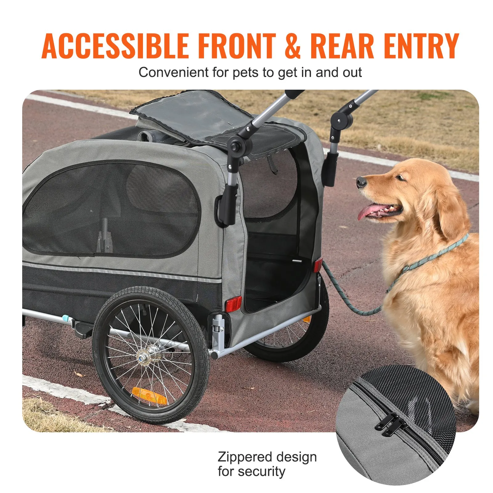 VEVOR Dog Bike Trailer, Supports up to 88 lbs, 2-in-1 Pet Stroller Cart Bicycle Carrier, Easy Folding Cart Frame with Quick Release Wheels, Universal Bicycle Coupler, Reflectors, Flag, Black/Gray