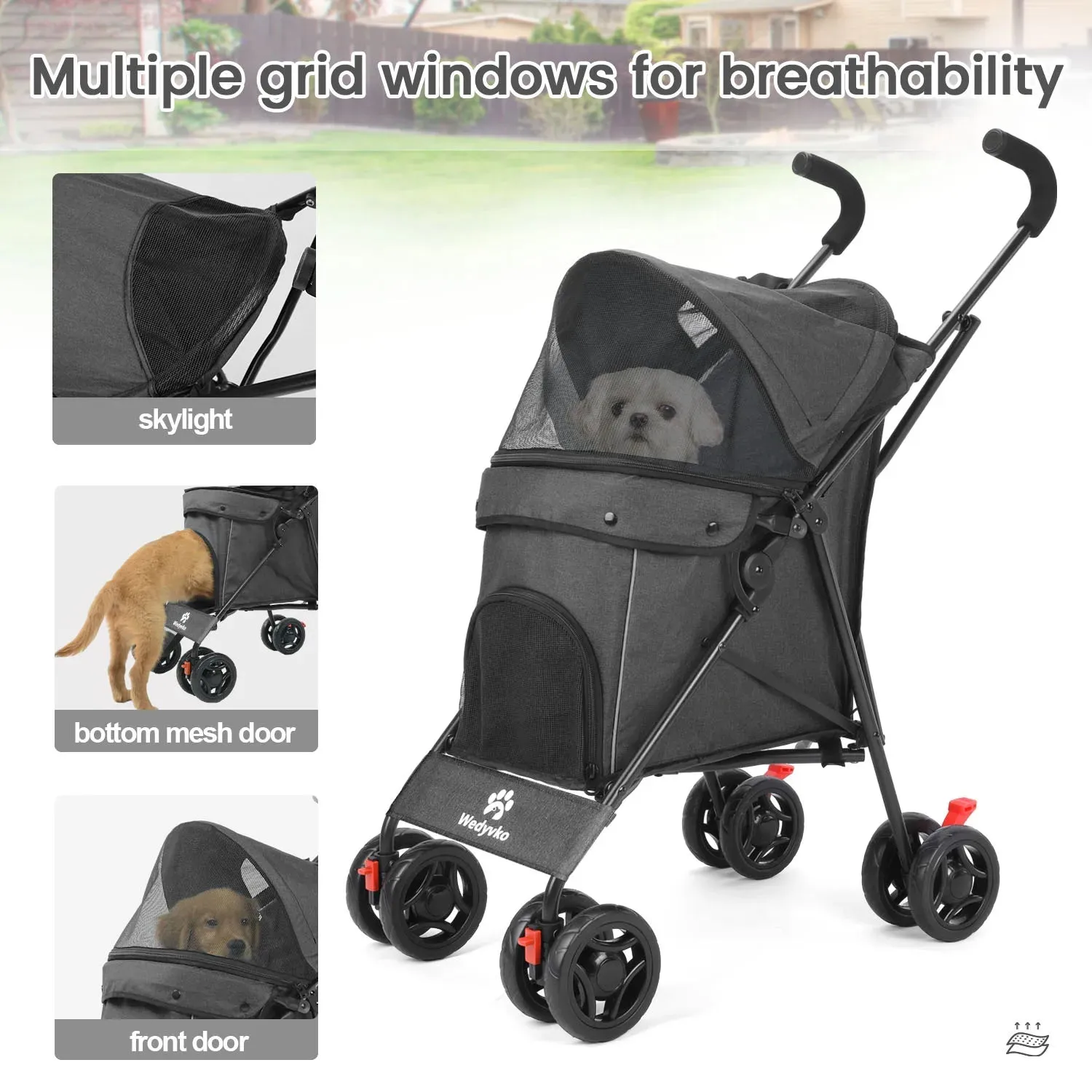Wheel Pet Dog Stroller with Rotating Wheels &amp; Brakes