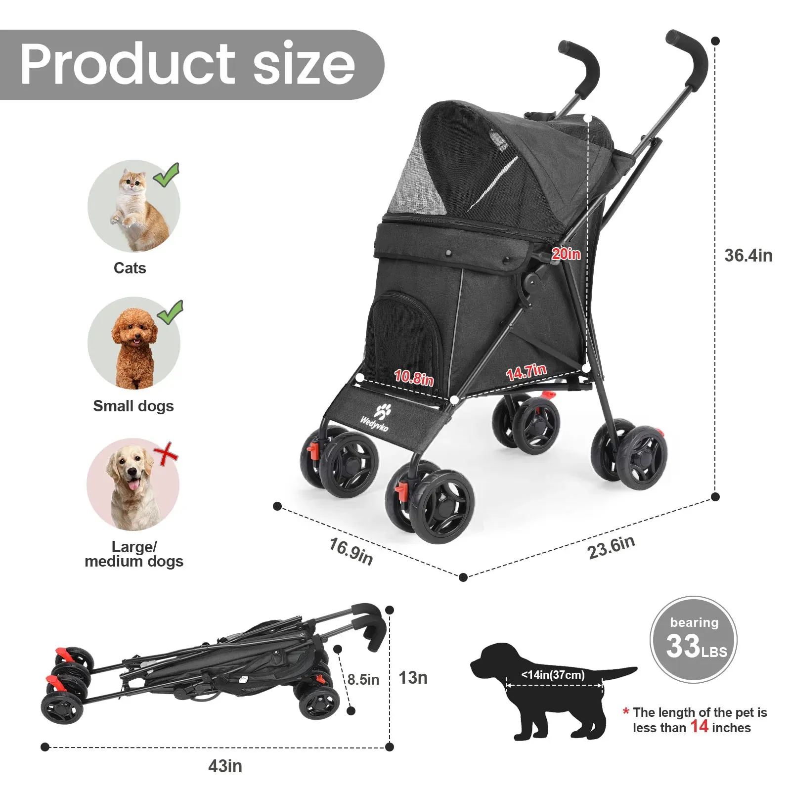 Wheel Pet Dog Stroller with Rotating Wheels &amp; Brakes