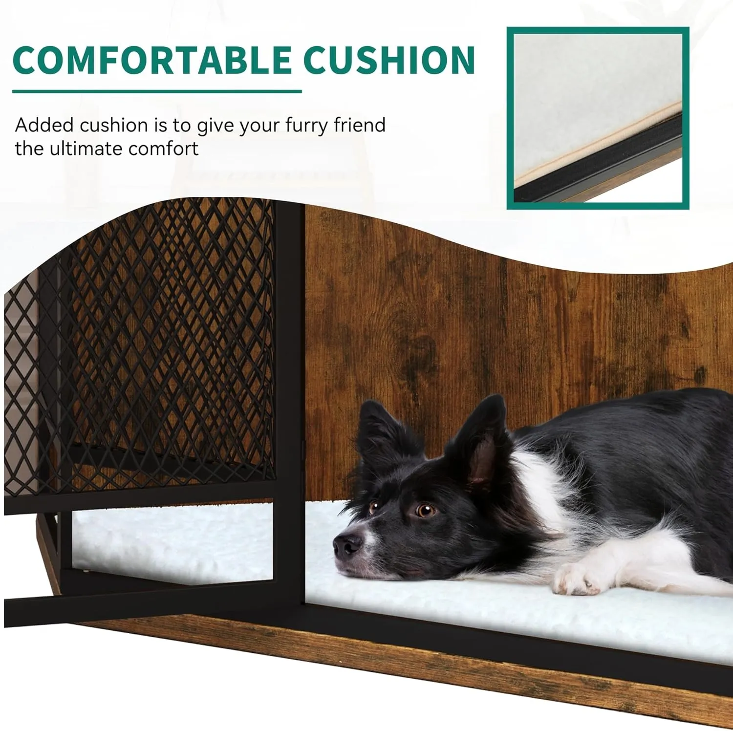 YITAHOME 52" Corner Dog Crate Furniture, Wooden Dog Kennel with Dog Cushion, Dog Kennel Corner Wooden End Table for Small Medium Large Dogs, Brown