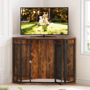 YITAHOME 52" Corner Dog Crate Furniture, Wooden Dog Kennel with Dog Cushion, Dog Kennel Corner Wooden End Table for Small Medium Large Dogs, Brown