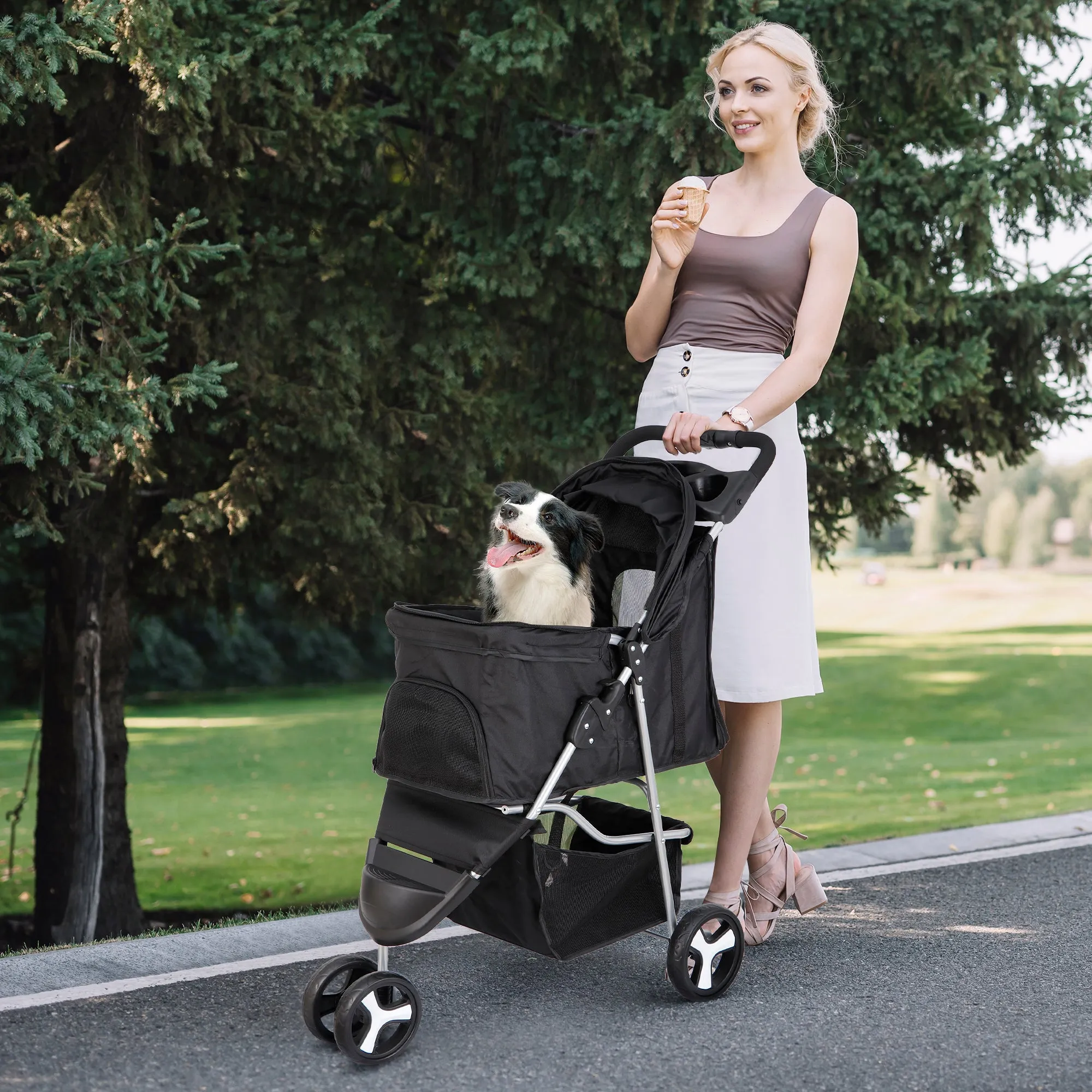 ZENY™ Foldable Pet Stroller for Cats and Dogs 3 Wheels Carrier Strolling Cart with Weather Cover, Storage Basket   Cup Holder