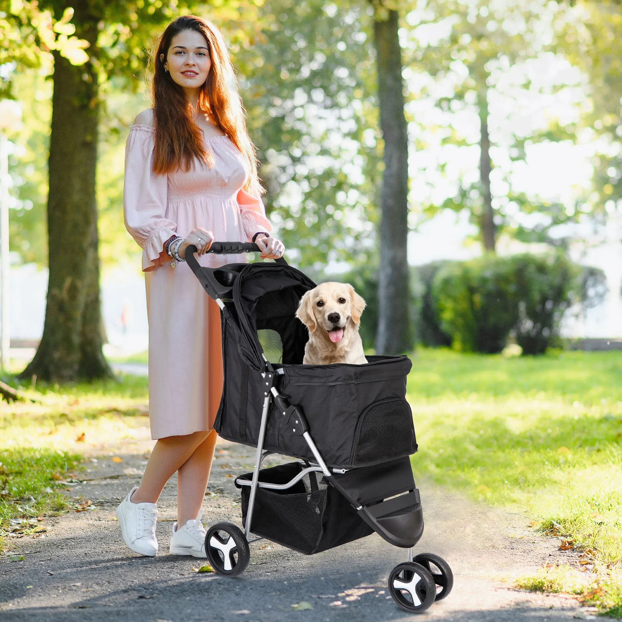 ZENY™ Foldable Pet Stroller for Cats and Dogs 3 Wheels Carrier Strolling Cart with Weather Cover, Storage Basket   Cup Holder