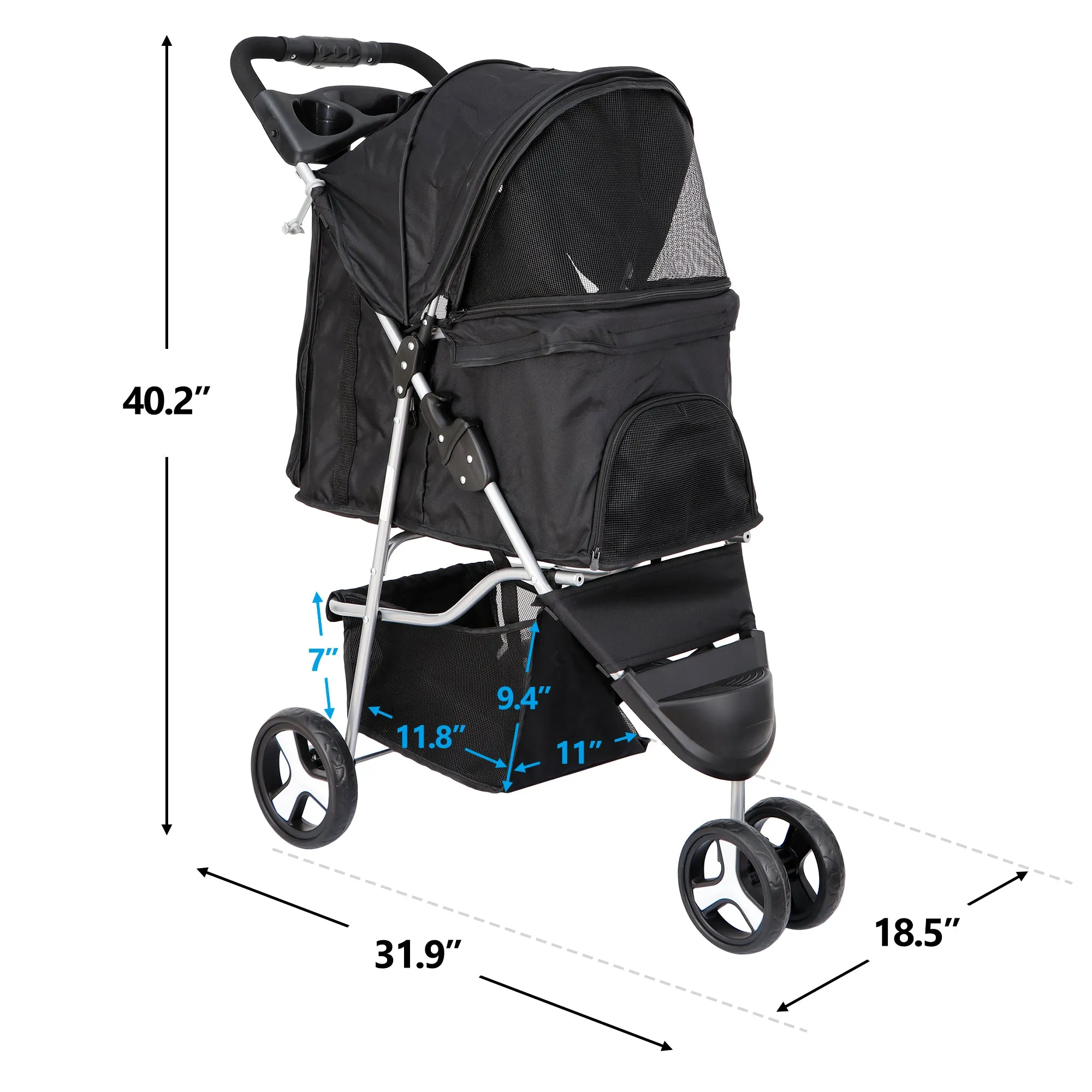 ZENY™ Foldable Pet Stroller for Cats and Dogs 3 Wheels Carrier Strolling Cart with Weather Cover, Storage Basket   Cup Holder